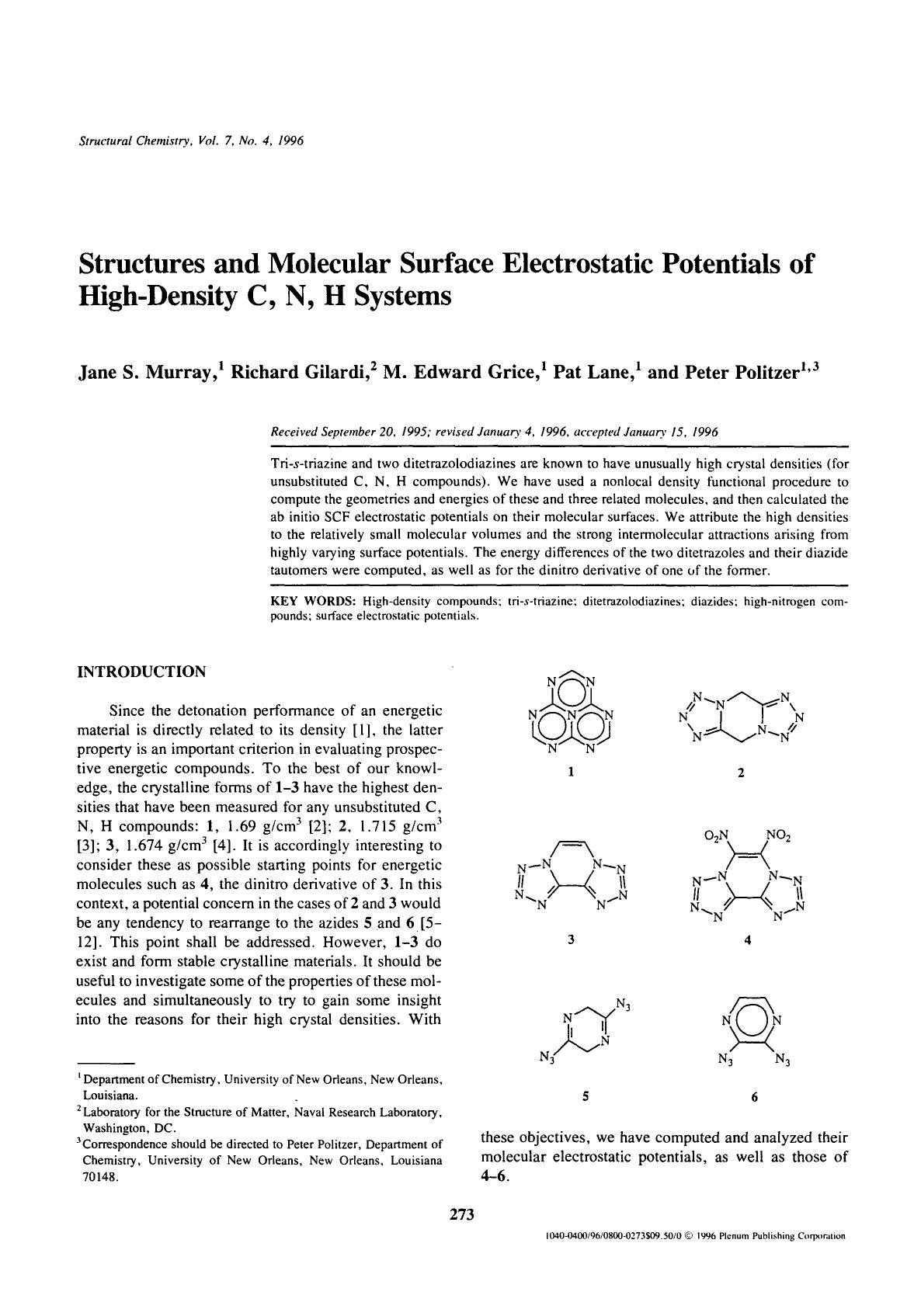 Structures and molecular surface electrostatic potentials of high-density C, N, H systems by Unknown