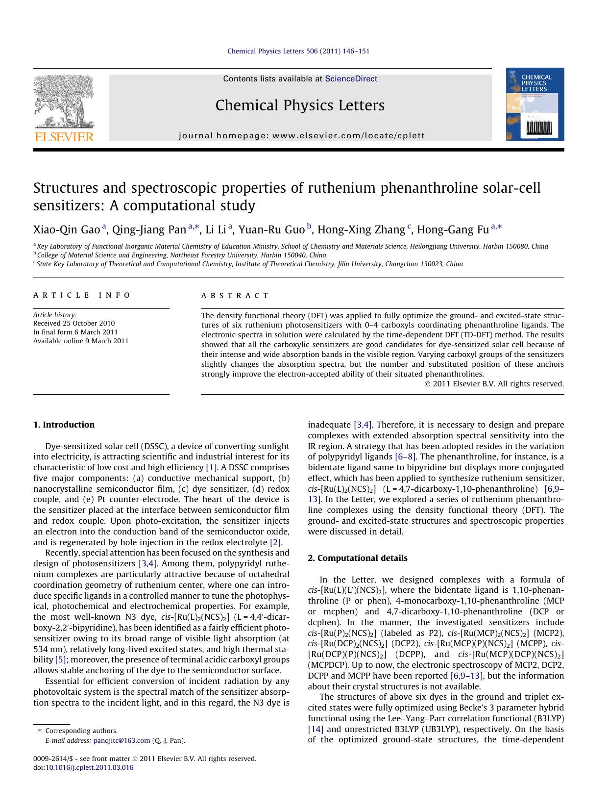 Structures and spectroscopic properties of ruthenium phenanthroline solar-cell sensitizers: A computational study by Xiao-Qin Gao & Qing-Jiang Pan & Li Li & Yuan-Ru Guo & Hong-Xing Zhang & Hong-Gang Fu