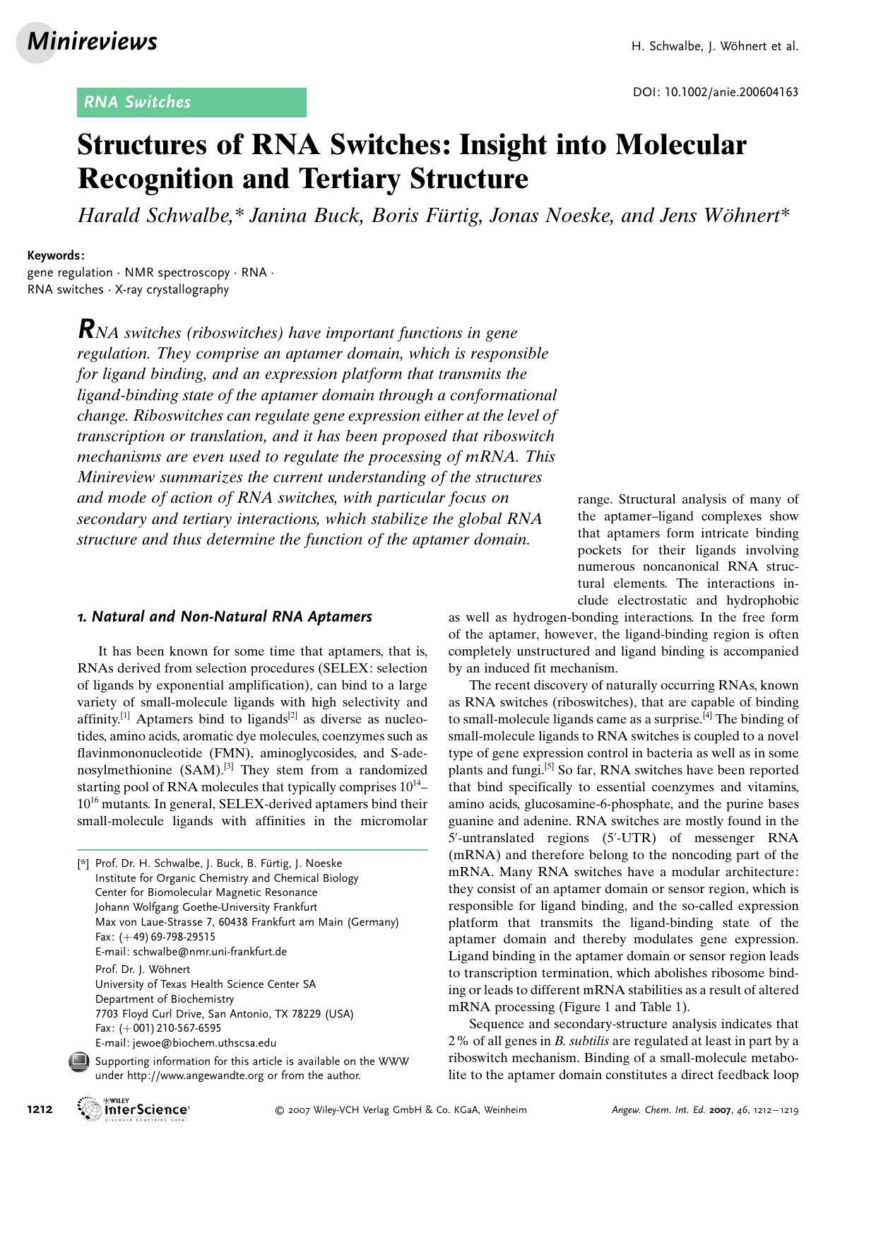Structures of RNA Switches: Insight into Molecular Recognition and Tertiary Structure by Unknown