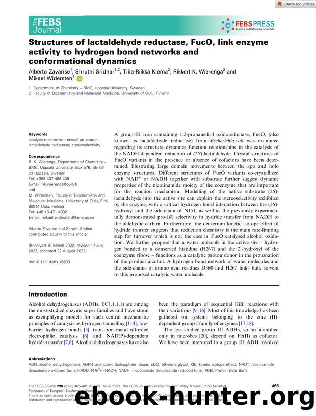 Structures of lactaldehyde reductase, FucO, link enzyme activity to hydrogen bond networks and conformational dynamics by Unknown