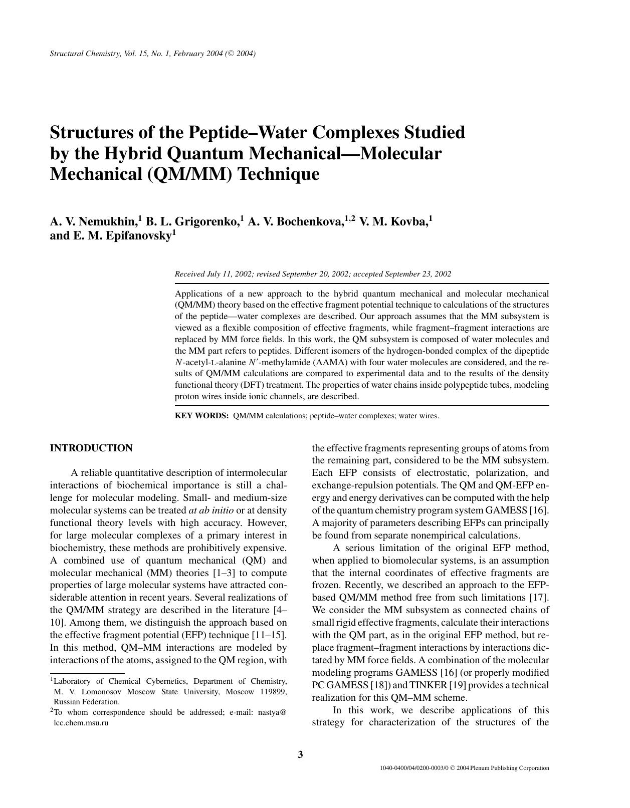 Structures of the Peptide&#x2013;Water Complexes Studied by the Hybrid Quantum Mechanical&#x2014;Molecular Mechanical (QMMM) Technique by Unknown