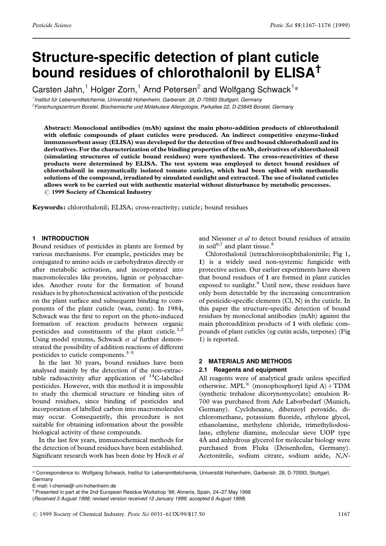 Structurespecific detection of plant cuticle bound residues of chlorothalonil by ELISA by Unknown