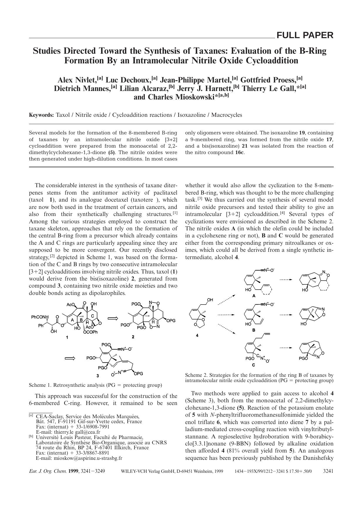 Studies Directed Toward the Synthesis of Taxanes: Evaluation of the B-Ring Formation By an Intramolecular Nitrile Oxide Cycloaddition by Unknown