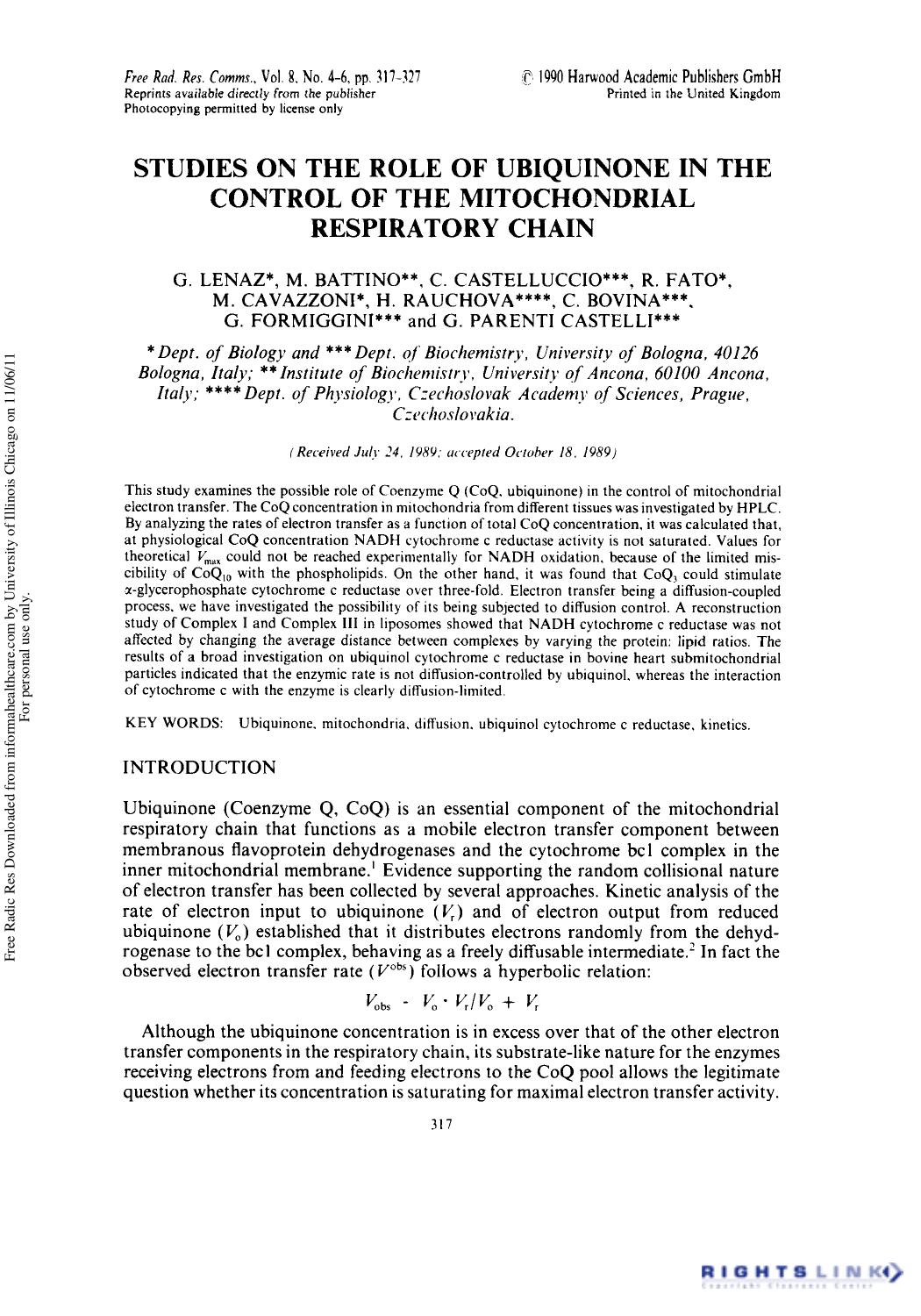 Studies On The Role Of Ubiquinone In The Control Of The Mitochondrial Respiratory Chain by unknow