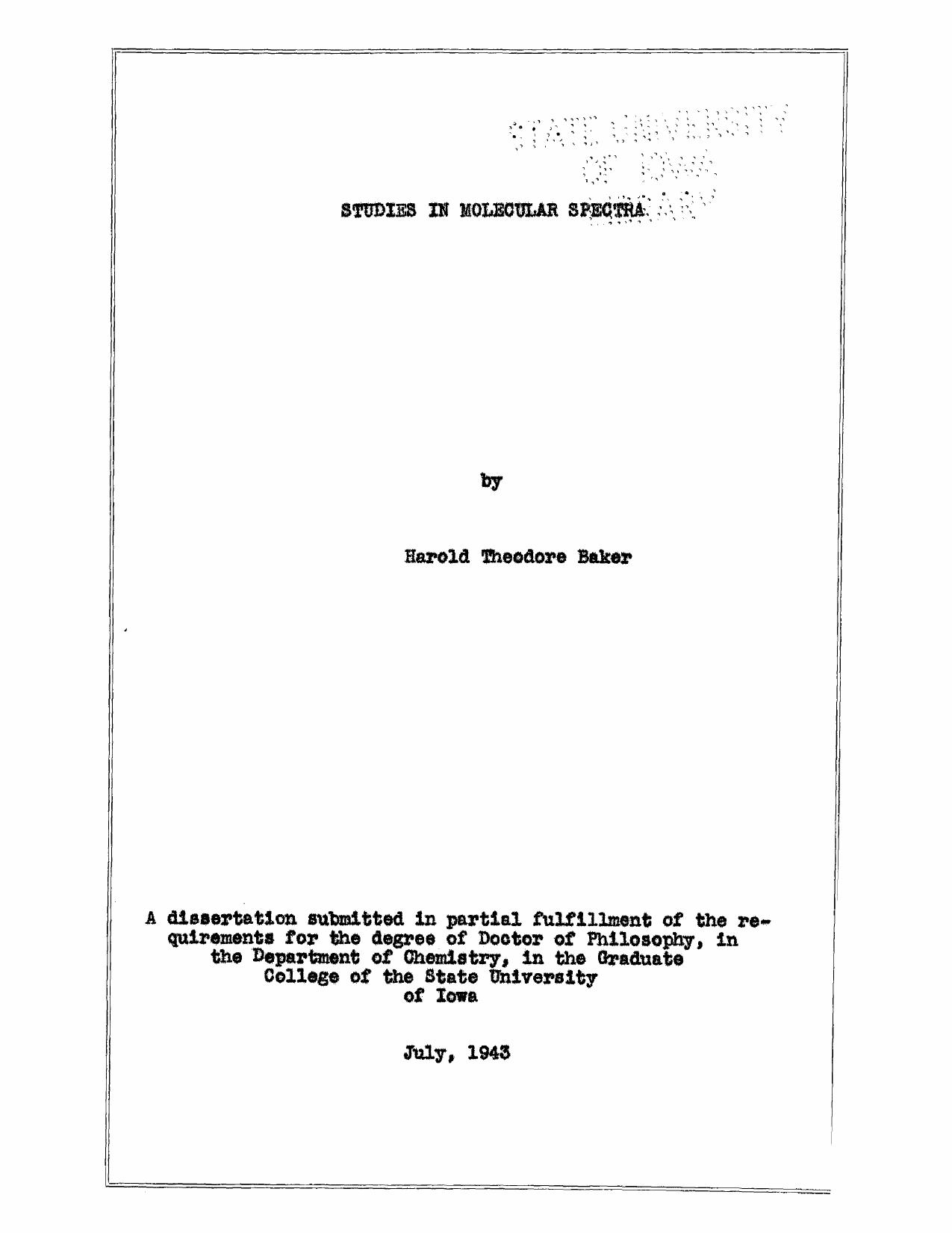 Studies in Molecular Spectra [diss.] by Baker Harold Theodore