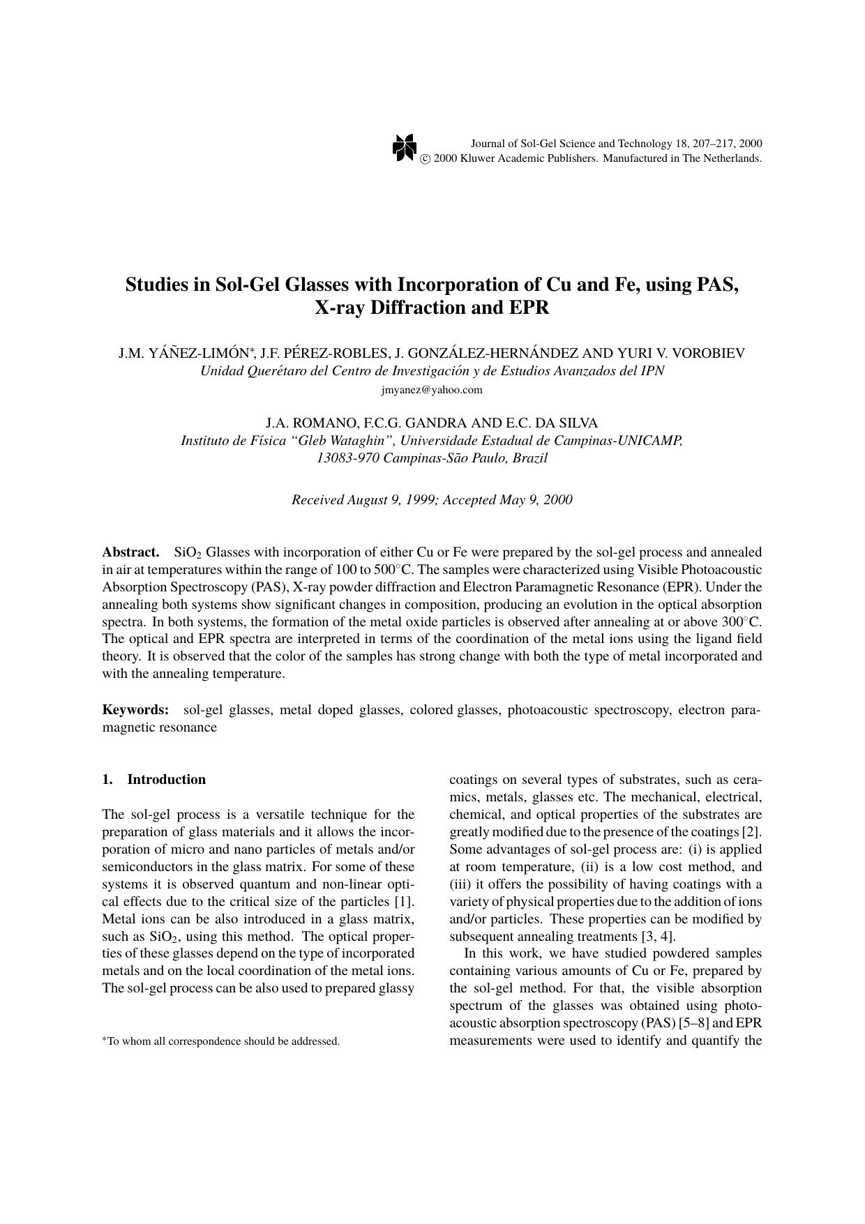 Studies in Sol-Gel Glasses with Incorporation of Cu and Fe, using PAS, X-ray Diffraction and EPR by Unknown