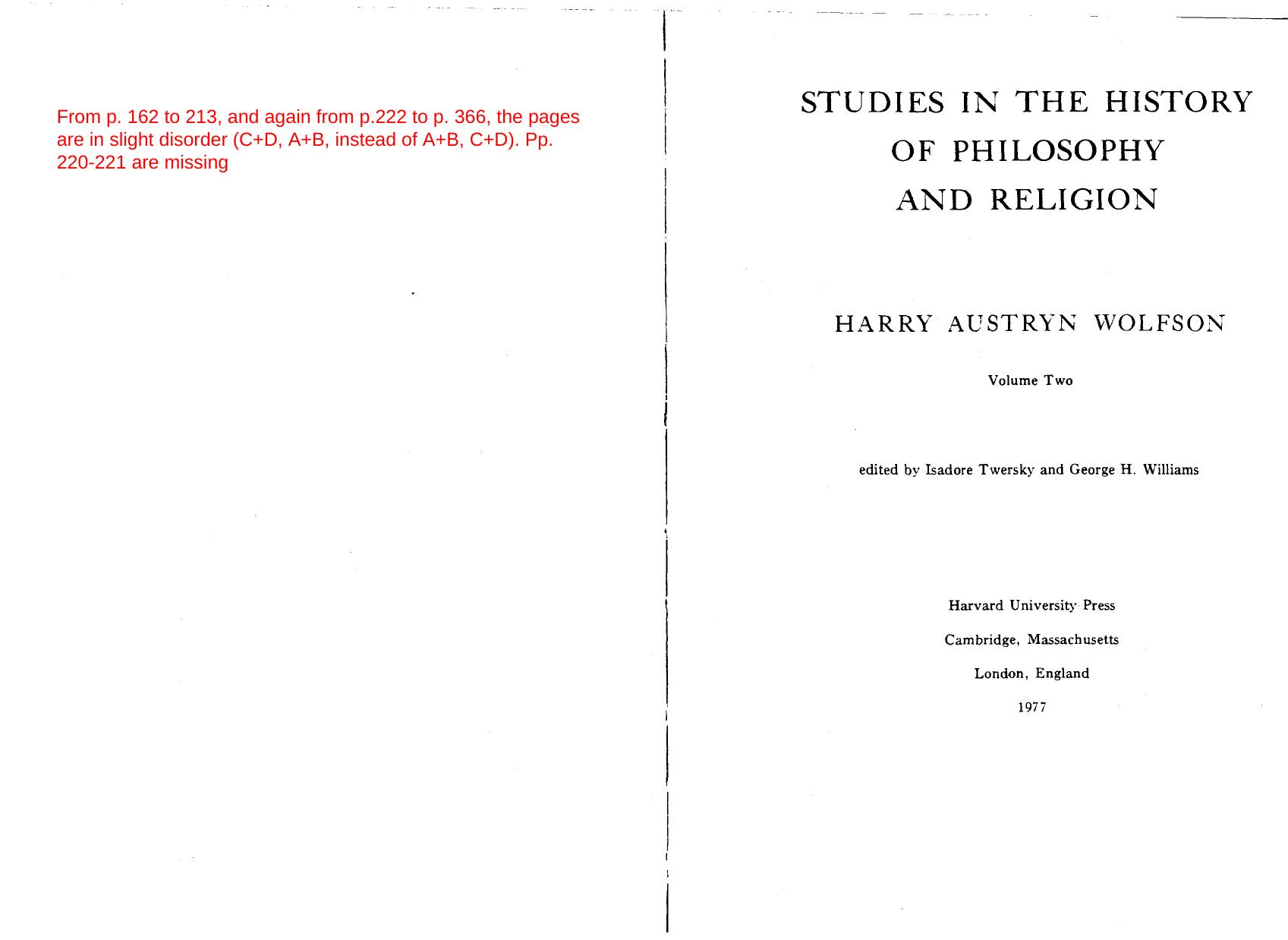 Studies in the History of Philosophy and Religion by Harry Austryn Wolfson; Isadore Twersky and George H. Williams (eds.)