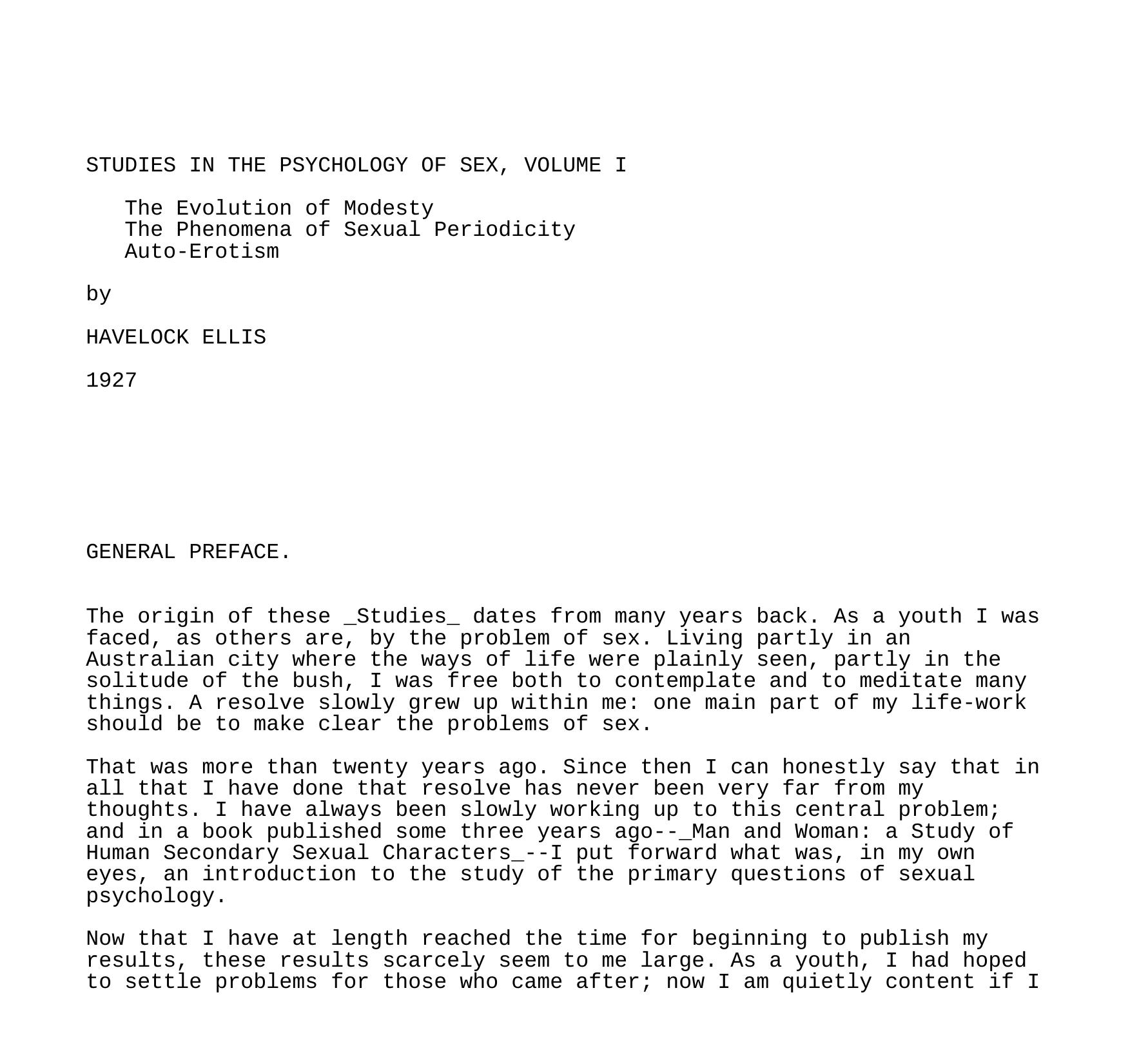 Studies in the Psychology of Sex, Volume 1 by Havelock Ellis by Unknown