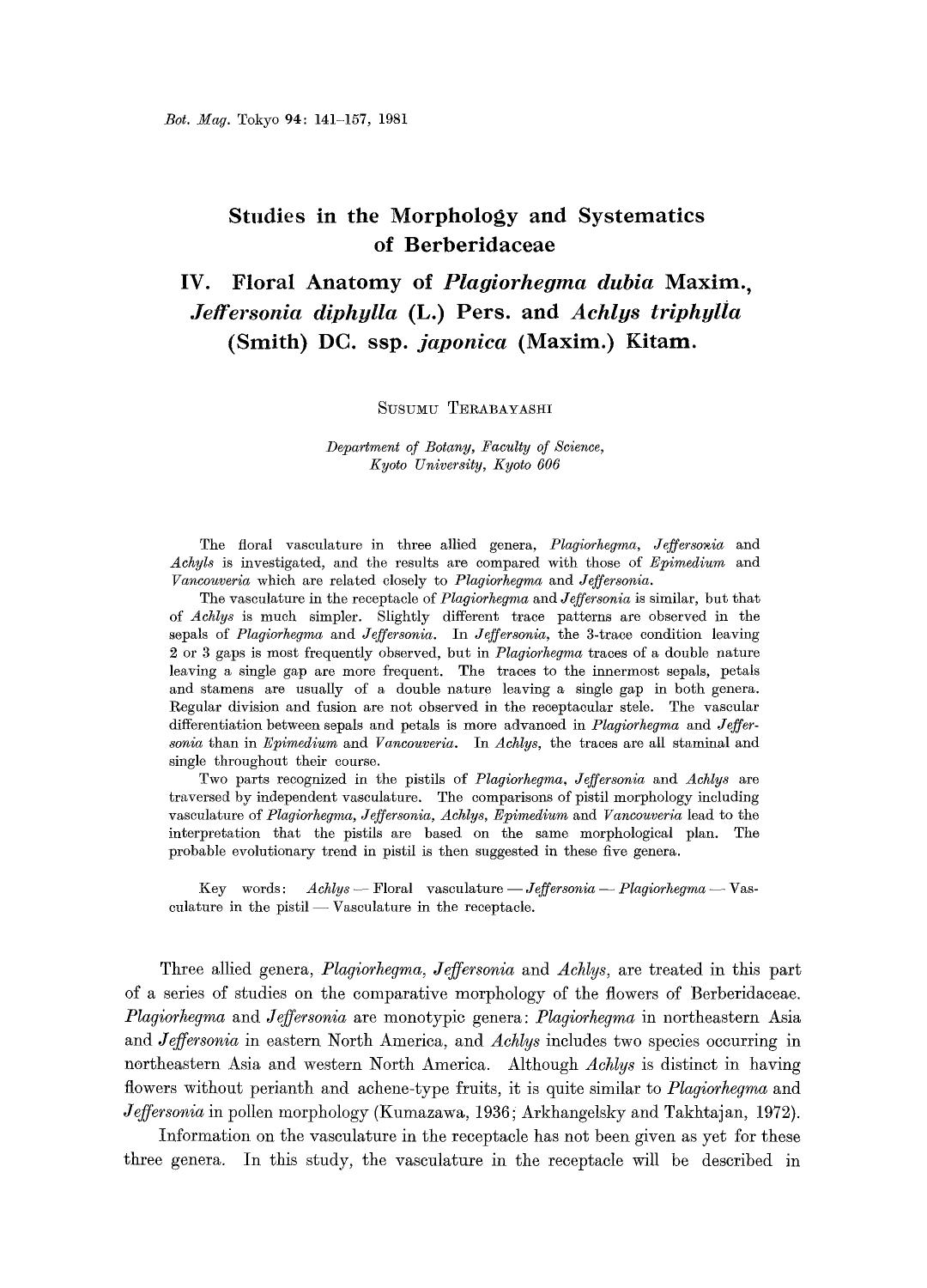 Studies in the morphology and systematics of berberidaceae by Unknown