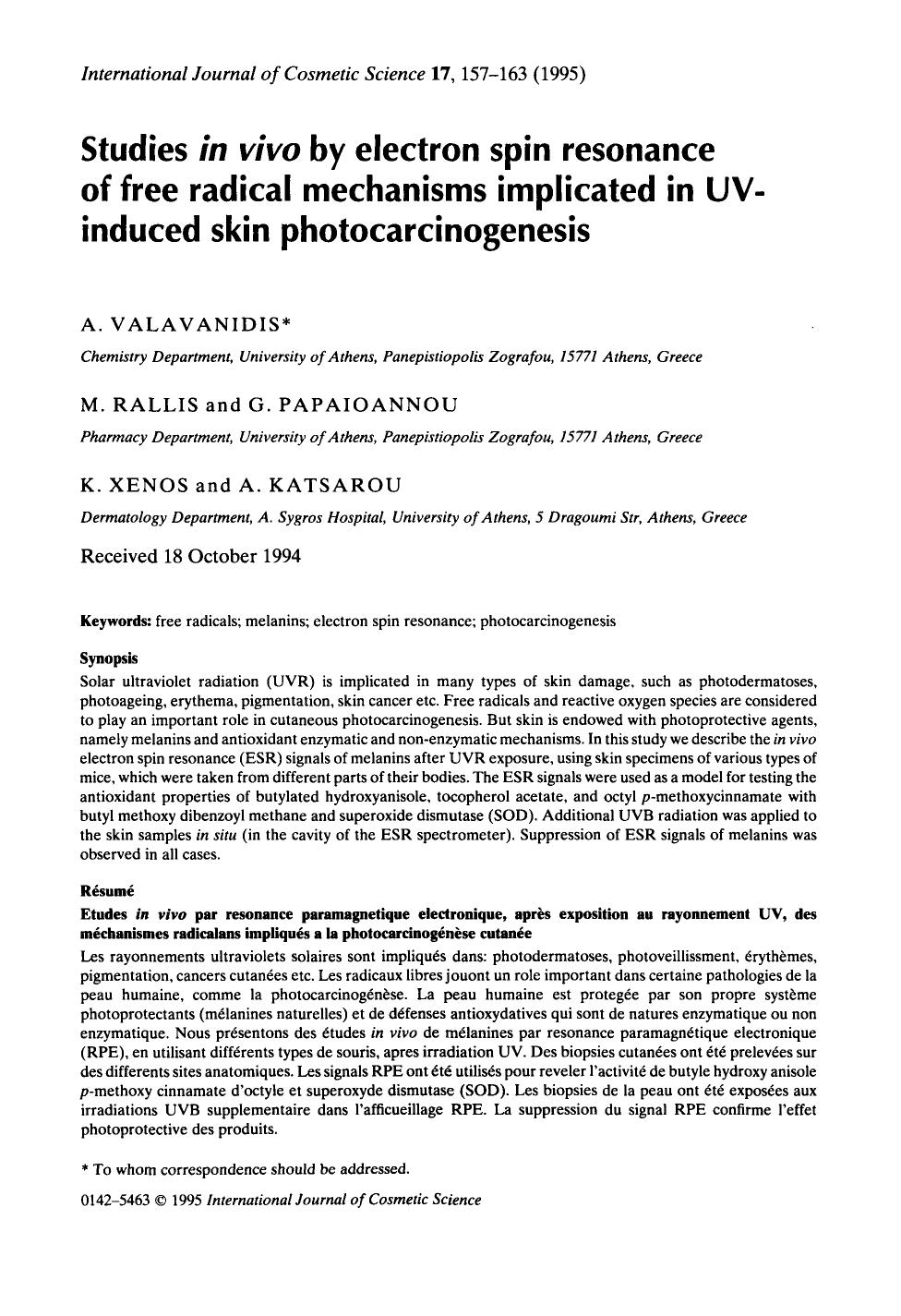 Studies in vivo by electron spin resonance of free radical mechanisms implicated in UV-induced skin photocarcinogenesis by Unknown