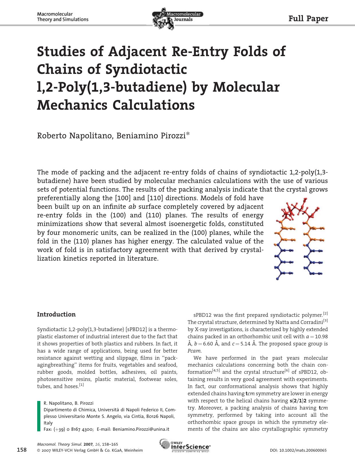 Studies of Adjacent Re-Entry Folds of Chains of Syndiotactic l,2-Poly(1,3-butadiene) by Molecular Mechanics Calculations by Unknown