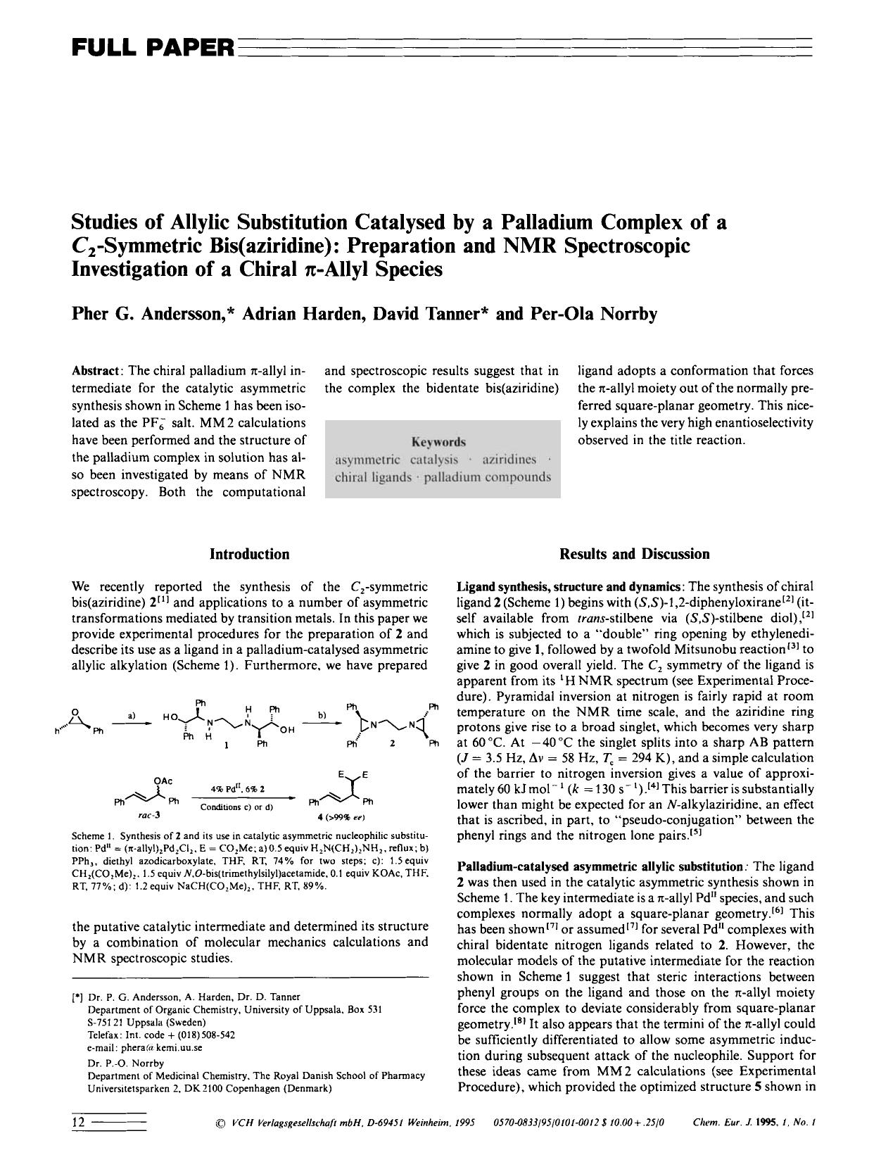 Studies of Allylic Substitution Catalysed by a Palladium Complex of a C2-Symmetric Bis(aziridine): Preparation and NMR Spectroscopic Investigation of a Chiral [pi]-Allyl Species by Unknown