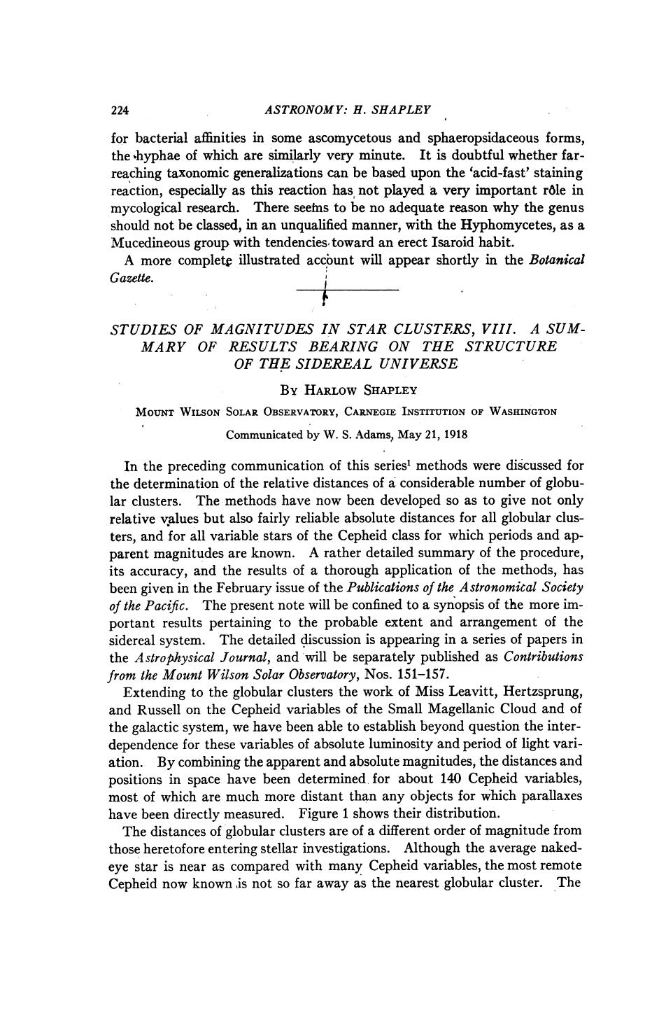 Studies of Magnitudes in Star Clusters VIII. A Summary of Results Bearing on the Structure of the Sidereal Universe by Shapley H