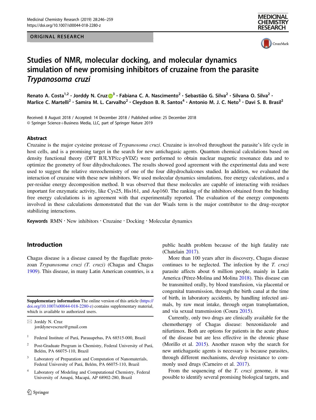 Studies of NMR, molecular docking, and molecular dynamics simulation of new promising inhibitors of cruzaine from the parasite Trypanosoma cruzi by unknow