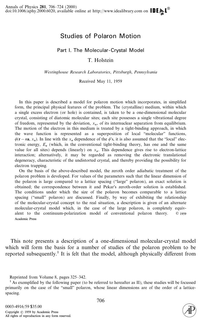 Studies of Polaron Motion: Part I. The Molecular-Crystal Model by Holstein T