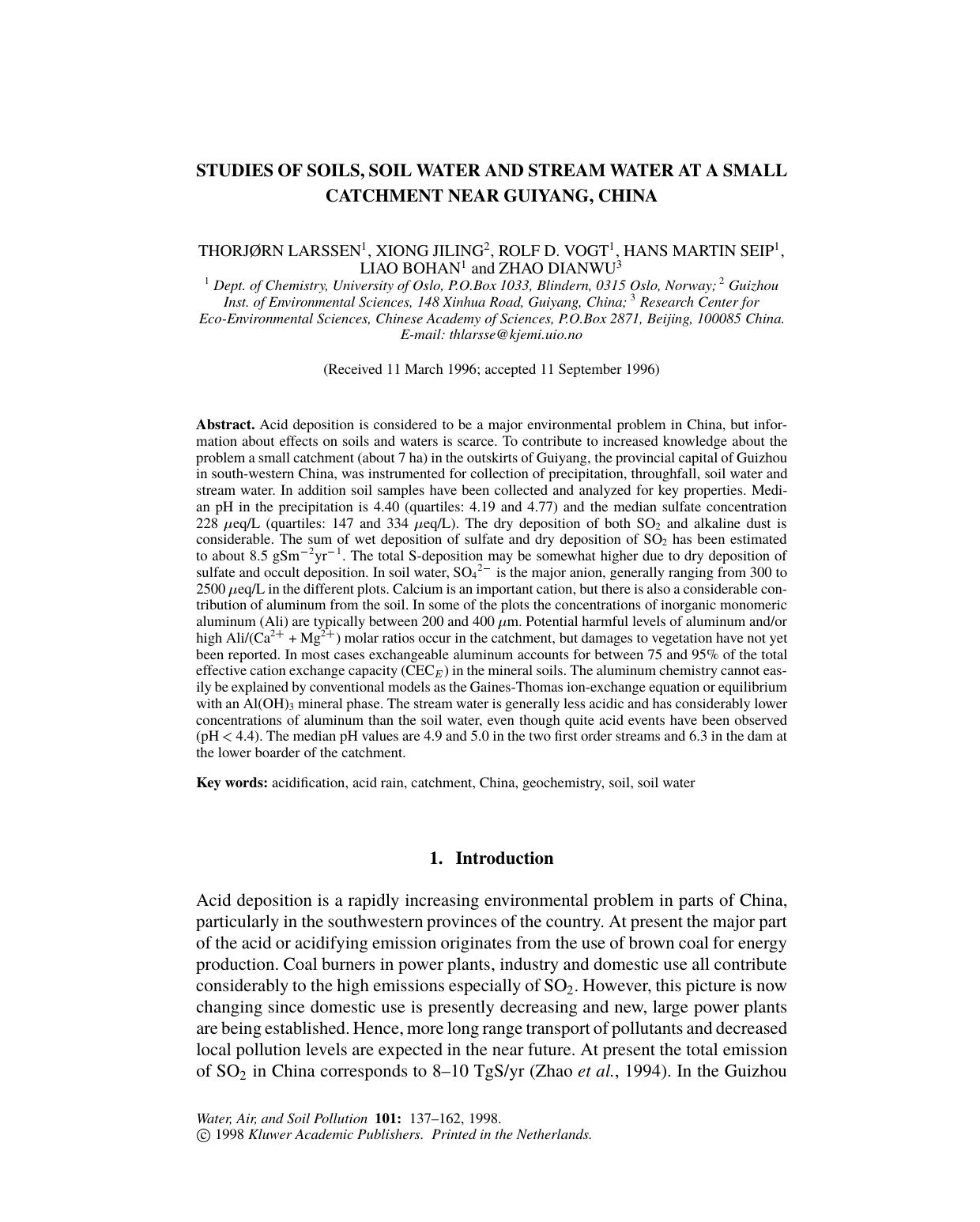Studies of Soils, Soil Water and Stream Water at a Small Catchment near Guiyang, China by Unknown