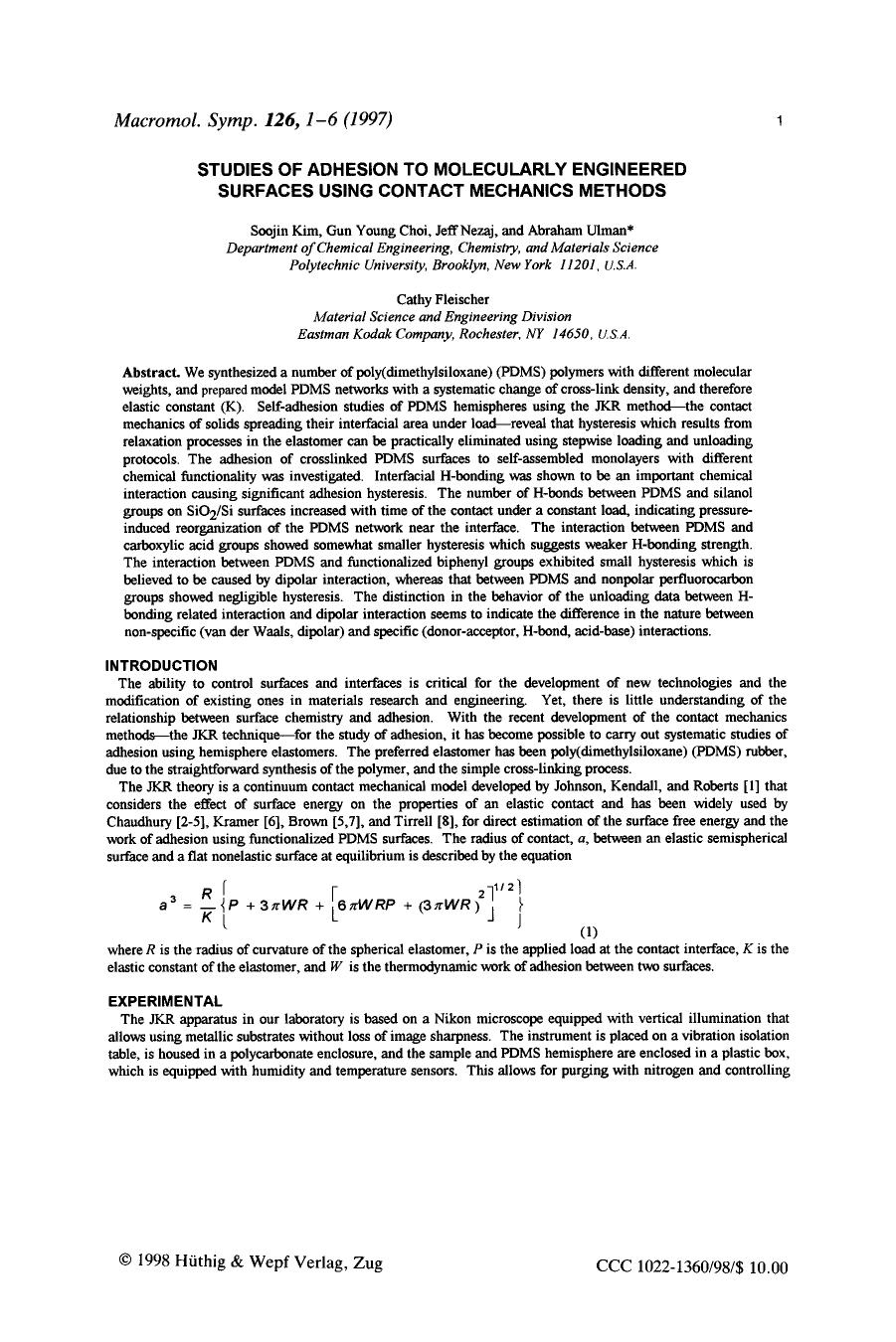 Studies of adhesion to molecularly engineered surfaces using contact mechanics methods by Unknown