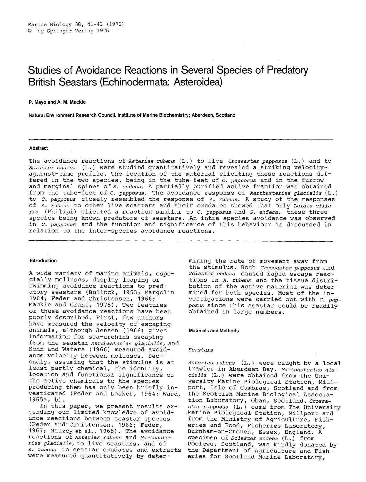 Studies of avoidance reactions in several species of Predatory British Seastars (Echinodermata: Asteroidea) by Unknown