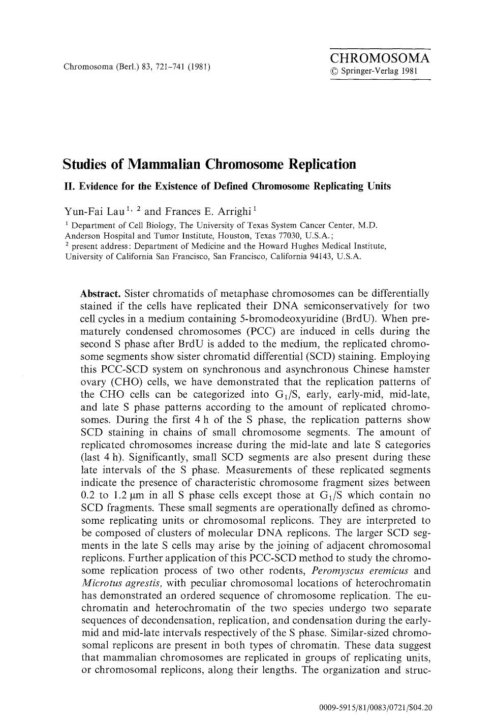 Studies of mammalian chromosome replication by Unknown