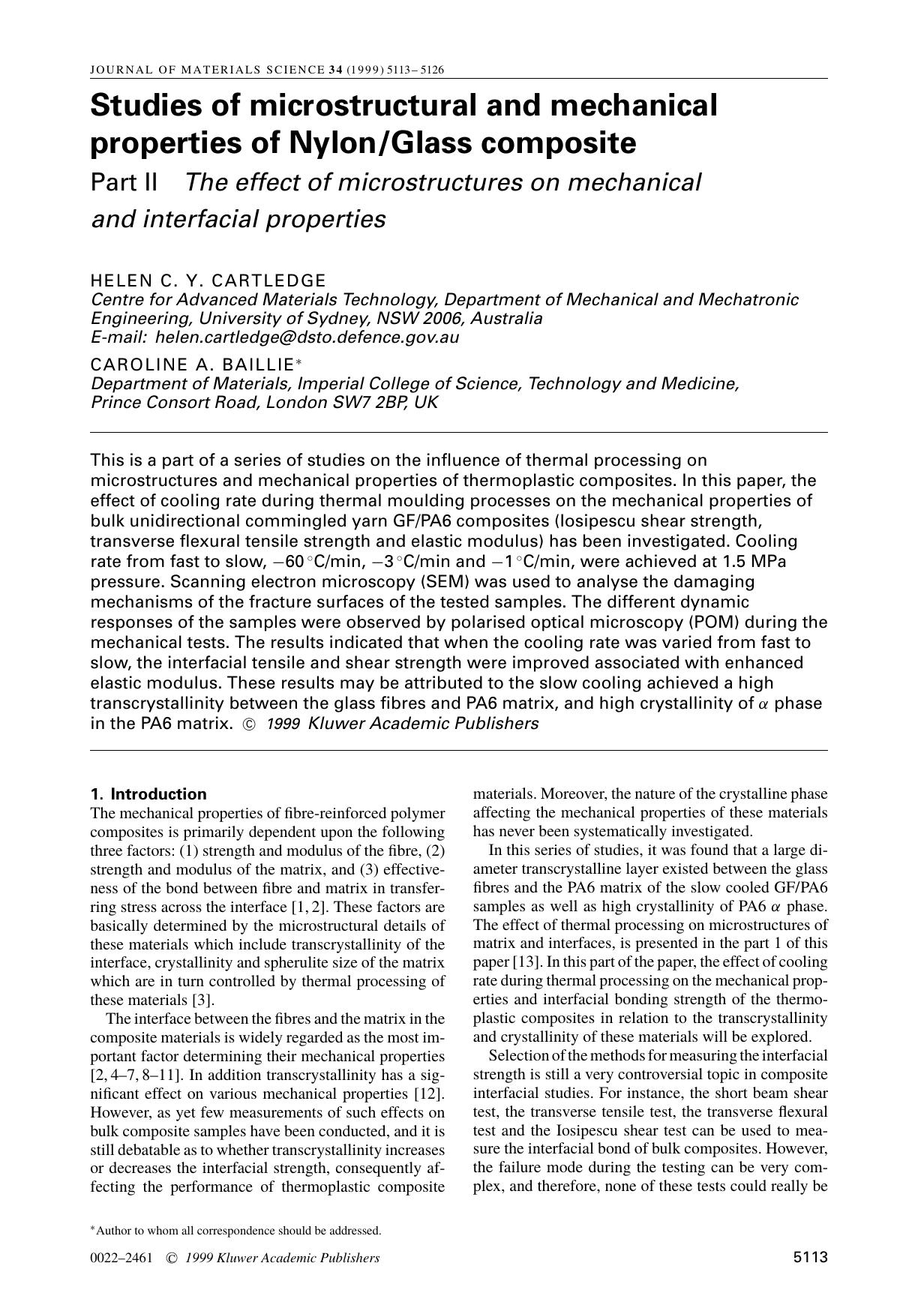 Studies of microstructural and mechanical properties of NylonGlass composite Part II The effect of microstructures on mechanical and interfacial properties by Unknown