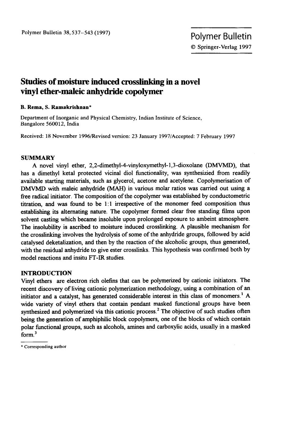 Studies of moisture induced crosslinking in a novel vinyl ether-maleic anhydride copolymer by Unknown