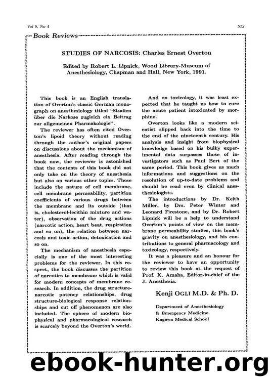 Studies of narcosis: Charles ernest overton Edited by Robert L. Lipnick by Unknown