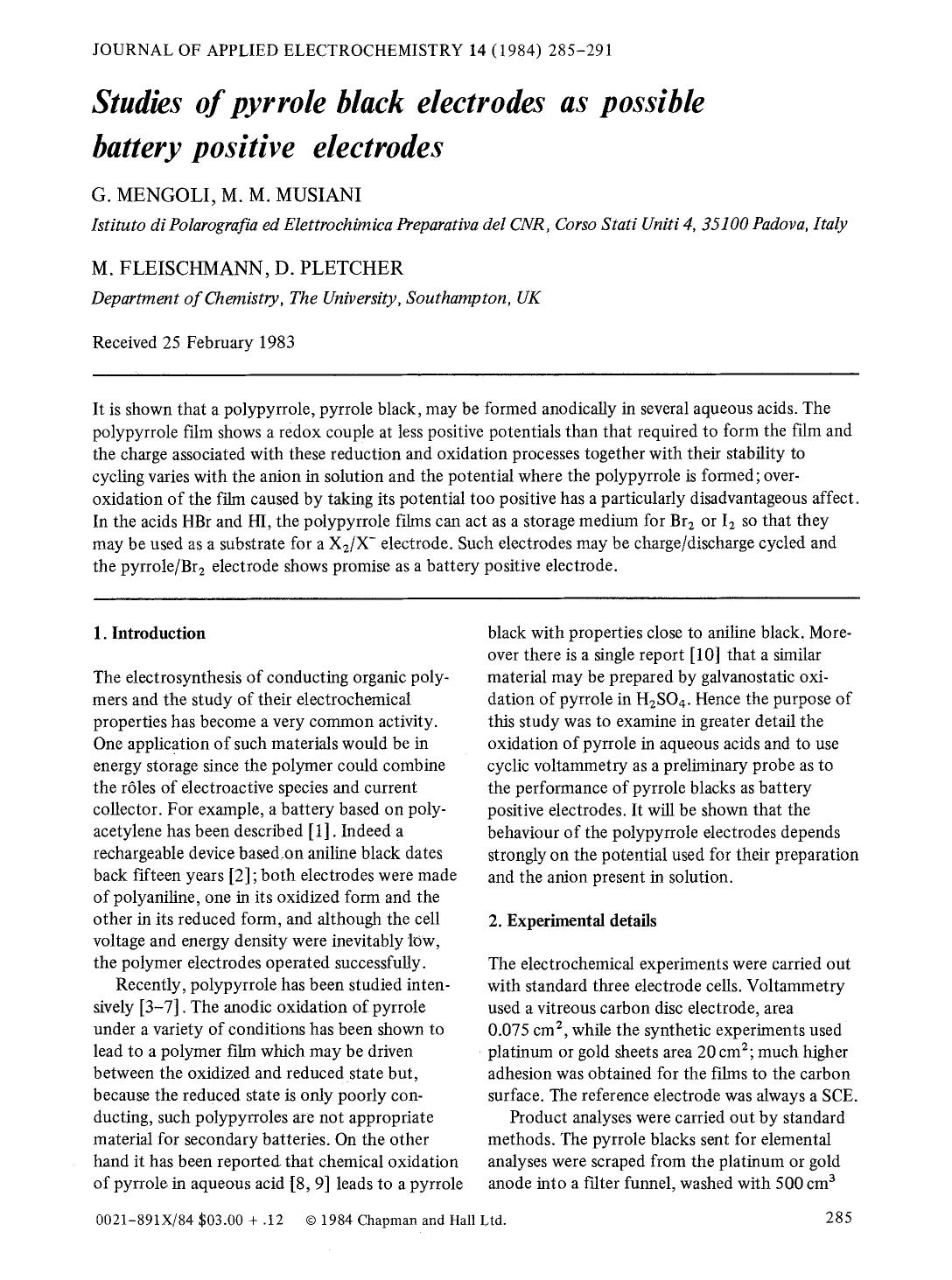Studies of pyrrole black electrodes as possible battery positive electrodes by Unknown