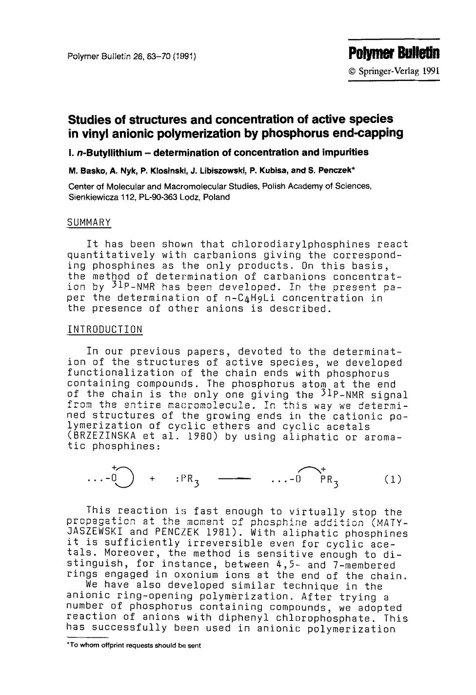 Studies of structures and concentration of active species in vinyl anionic polymerization by phosphorus end-capping by Unknown
