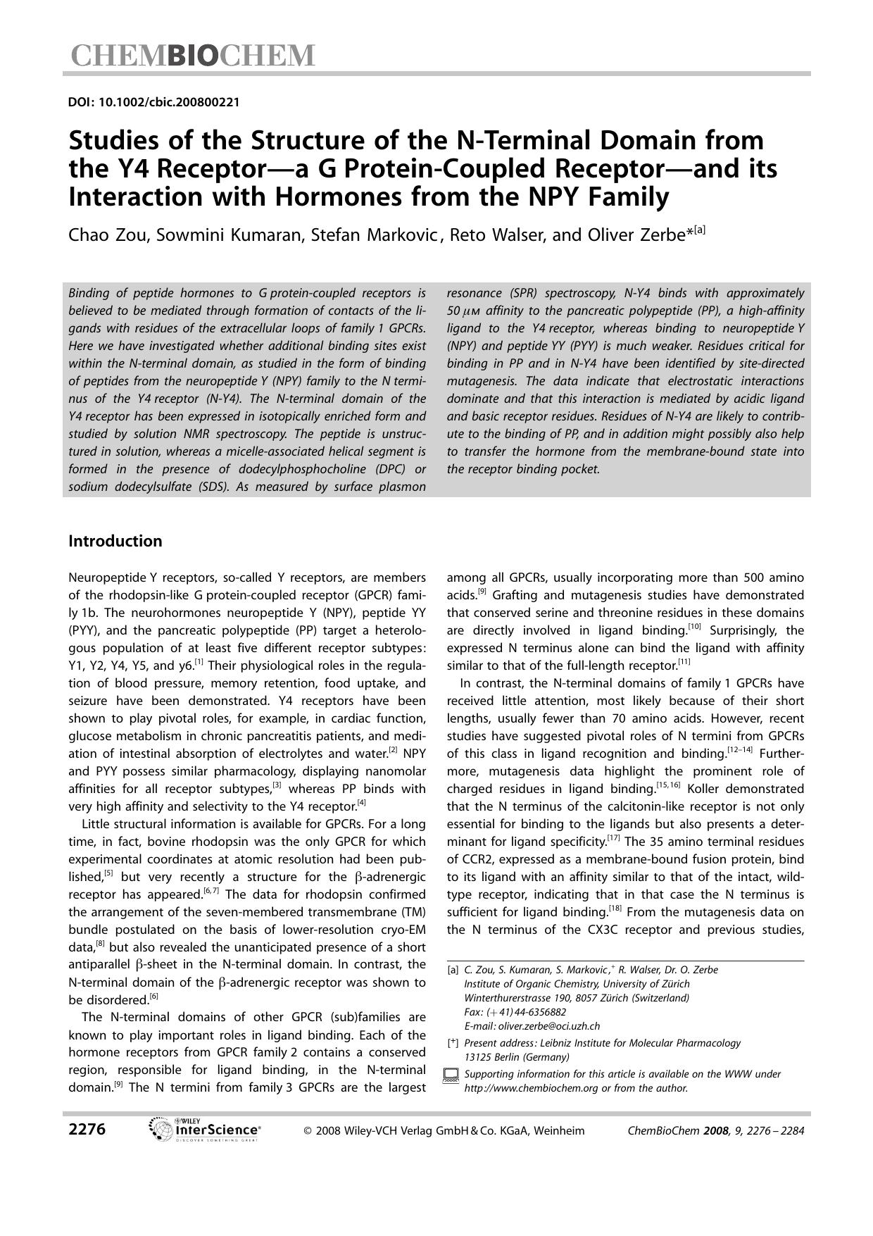 Studies of the Structure of the N-Terminal Domain from the Y4 Receptor-a G Protein-Coupled Receptor-and its Interaction with Hormones from the NPY Family by Unknown