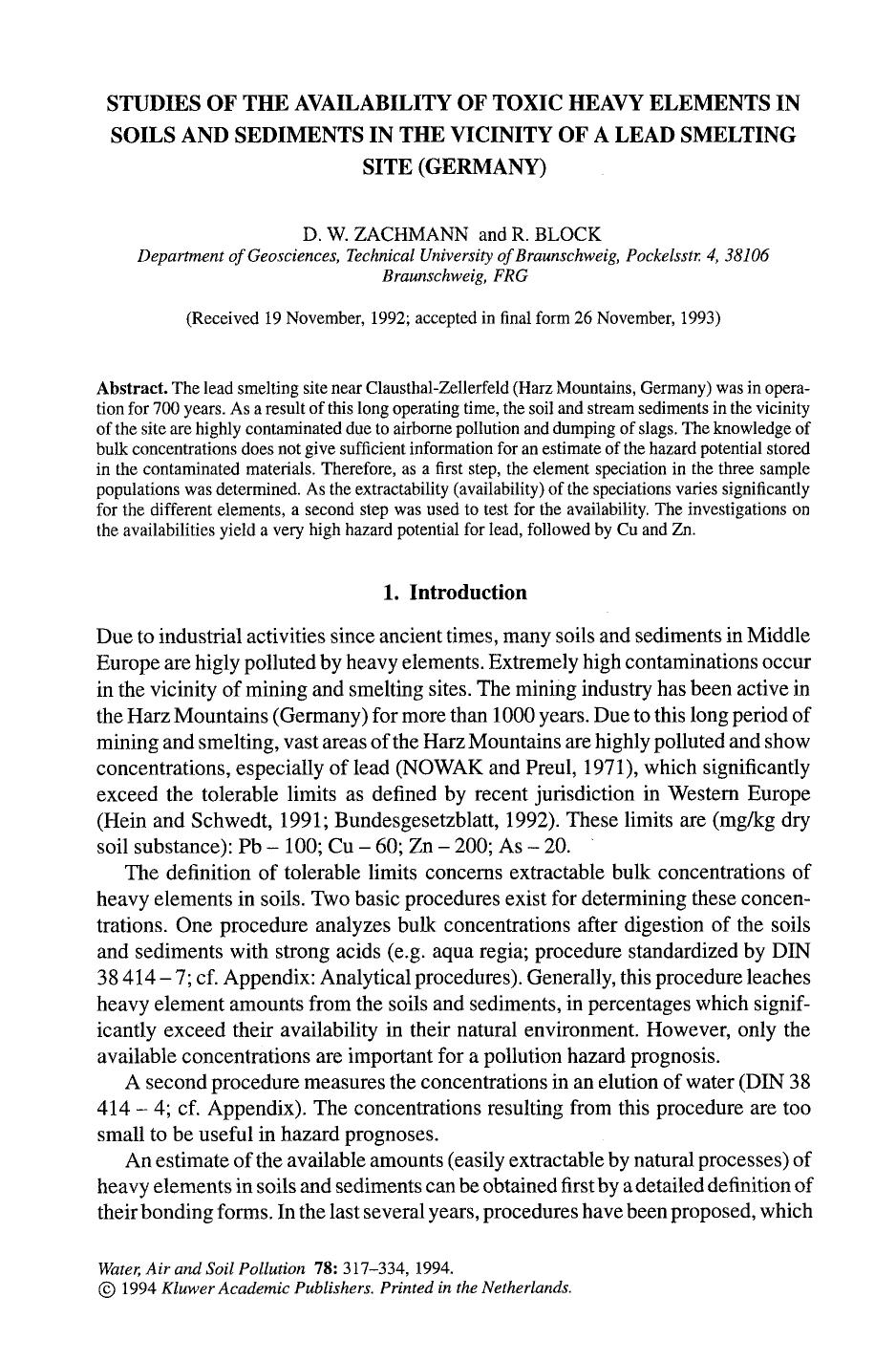 Studies of the availability of toxic heavy elements in soils and sediments in the vicinity of a lead smelting site (Germany) by Unknown