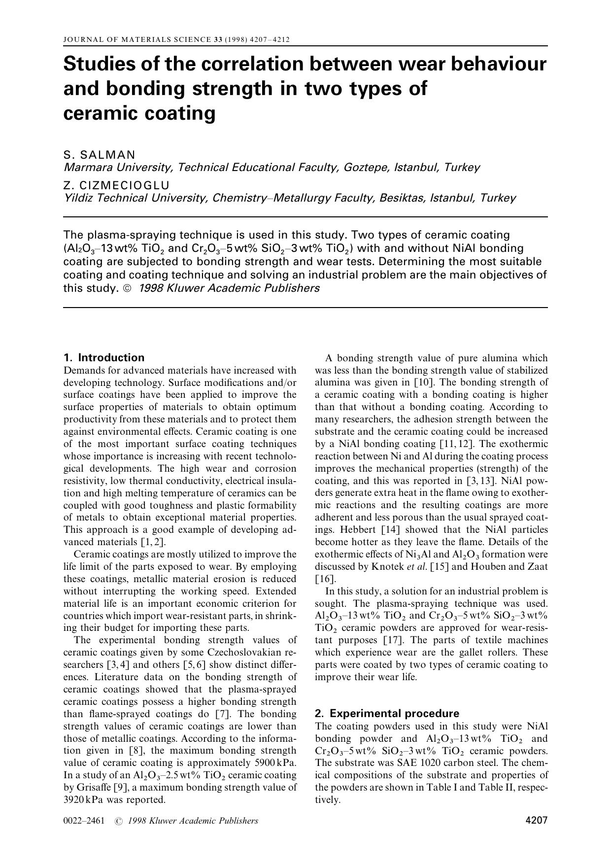 Studies of the correlation between wear behaviour and bonding strength in two types of ceramic coating by S. SALMAN Z. CIZMECIOGLU