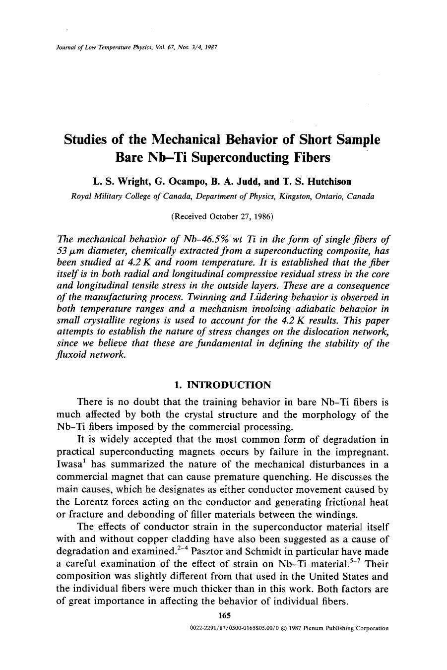 Studies of the mechanical behavior of short sample bare Nb-Ti superconducting fibers by Unknown