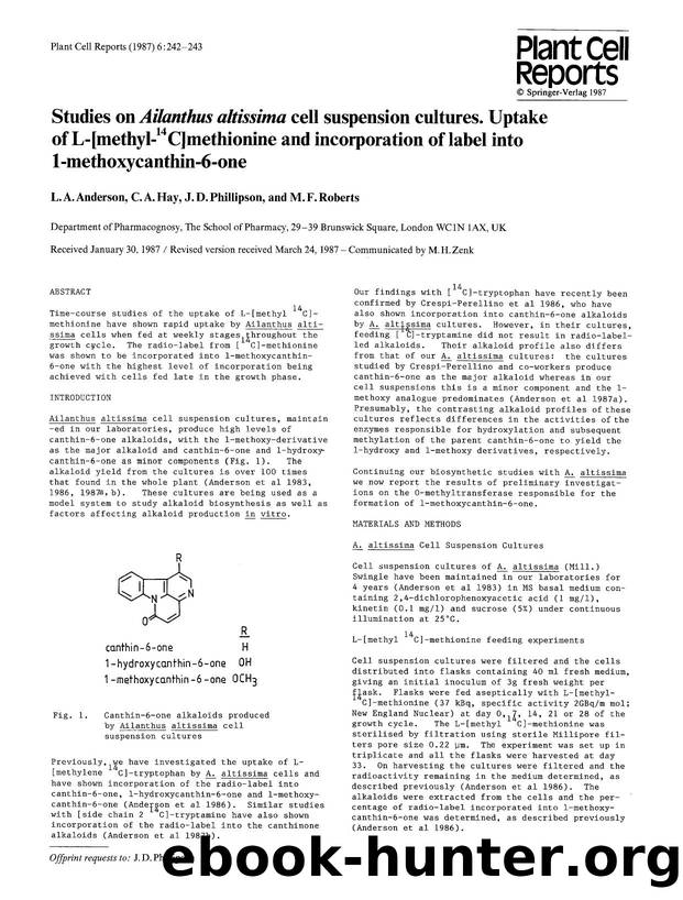 Studies on <Emphasis Type="Italic">Ailanthus altissima<Emphasis> cell suspension cultures. Uptake of L-[methyl-<Superscript>14<Superscript>C]methionine and incorporation of label i by Unknown