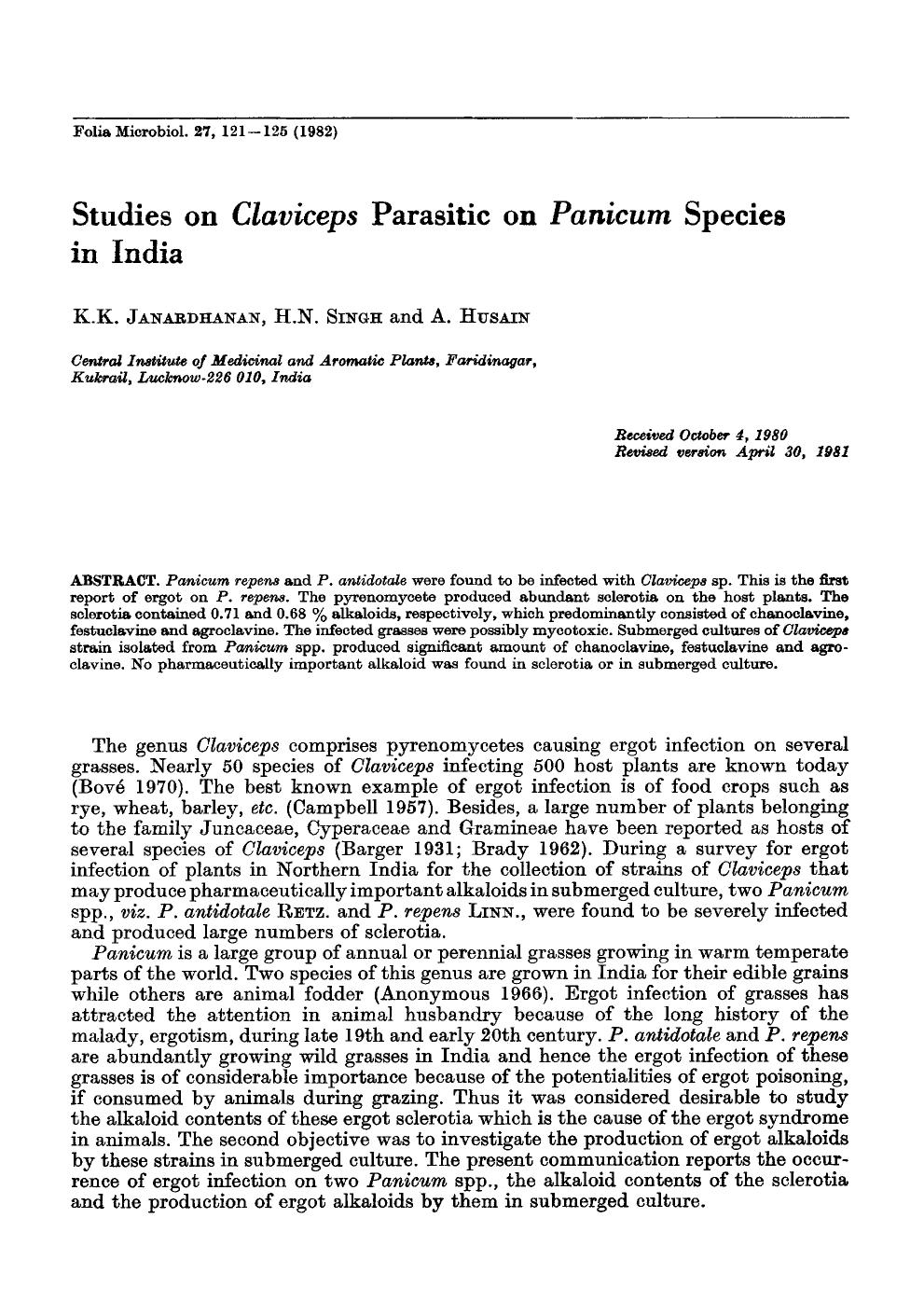 Studies on <Emphasis Type="Italic">Claviceps <Emphasis> parasitic on <Emphasis Type="Italic">Panicum <Emphasis> species in India by Unknown