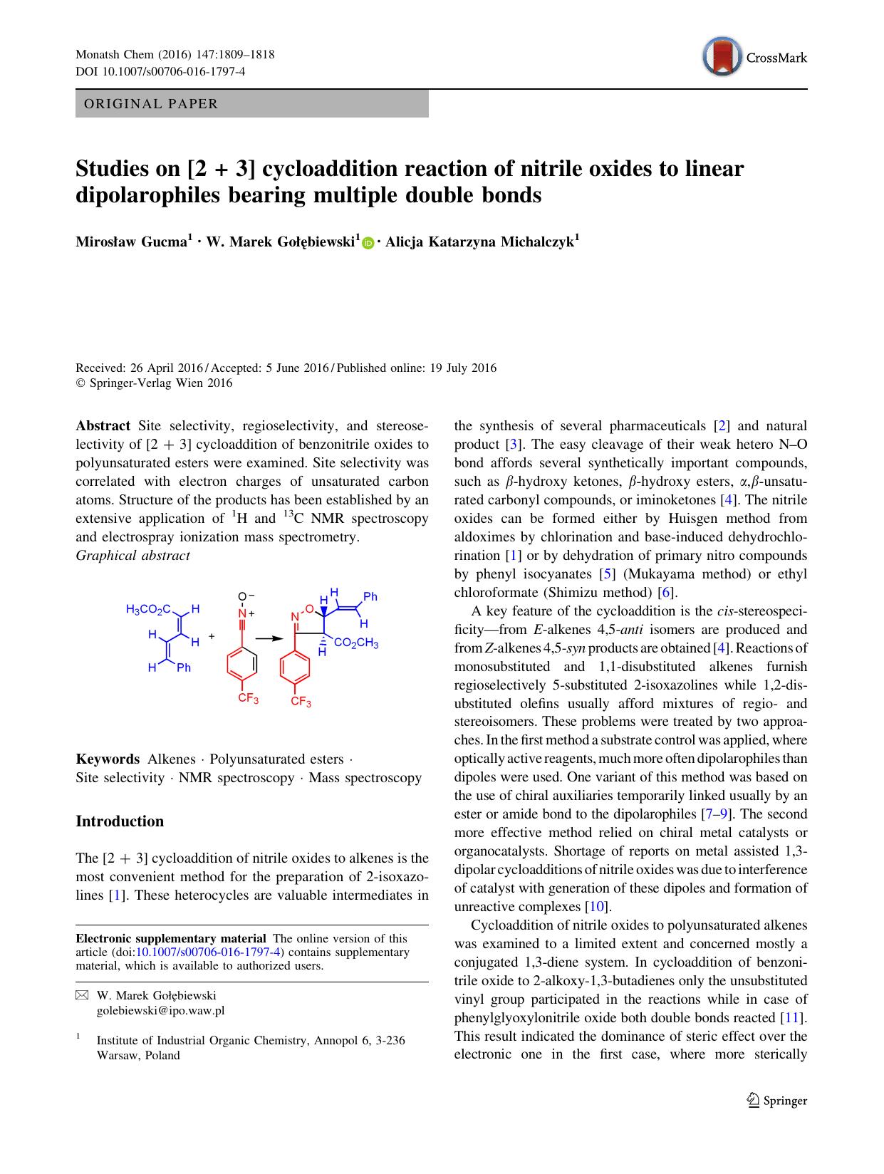 Studies on [2 + 3] cycloaddition reaction of nitrile oxides to linear dipolarophiles bearing multiple double bonds by Mirosław Gucma & W. Marek Gołębiewski & Alicja Katarzyna Michalczyk
