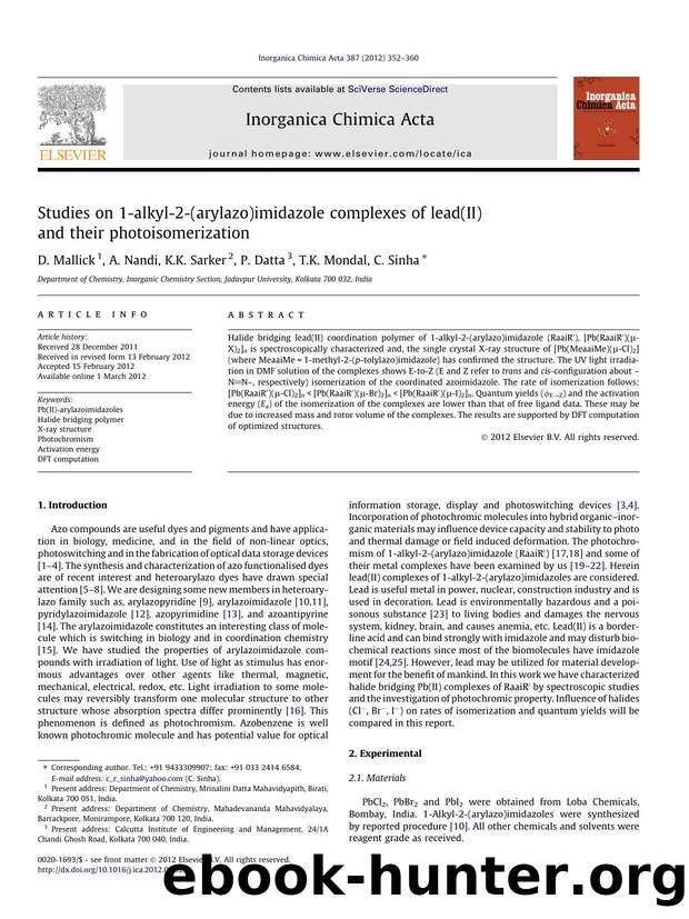 Studies on 1-alkyl-2-(arylazo)imidazole complexes of lead(II) and their photoisomerization by D. Mallick & A. Nandi & K.K. Sarker & P. Datta & T.K. Mondal & C. Sinha