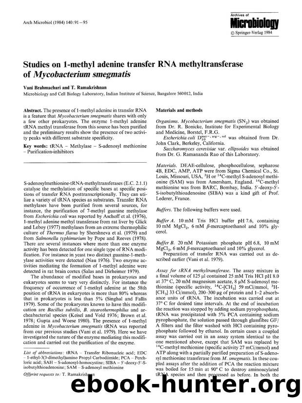 Studies on 1-methyl adenine transfer RNA methyltransferase of <Emphasis Type="Italic">Mycobacterium smegmatis<Emphasis> by Unknown