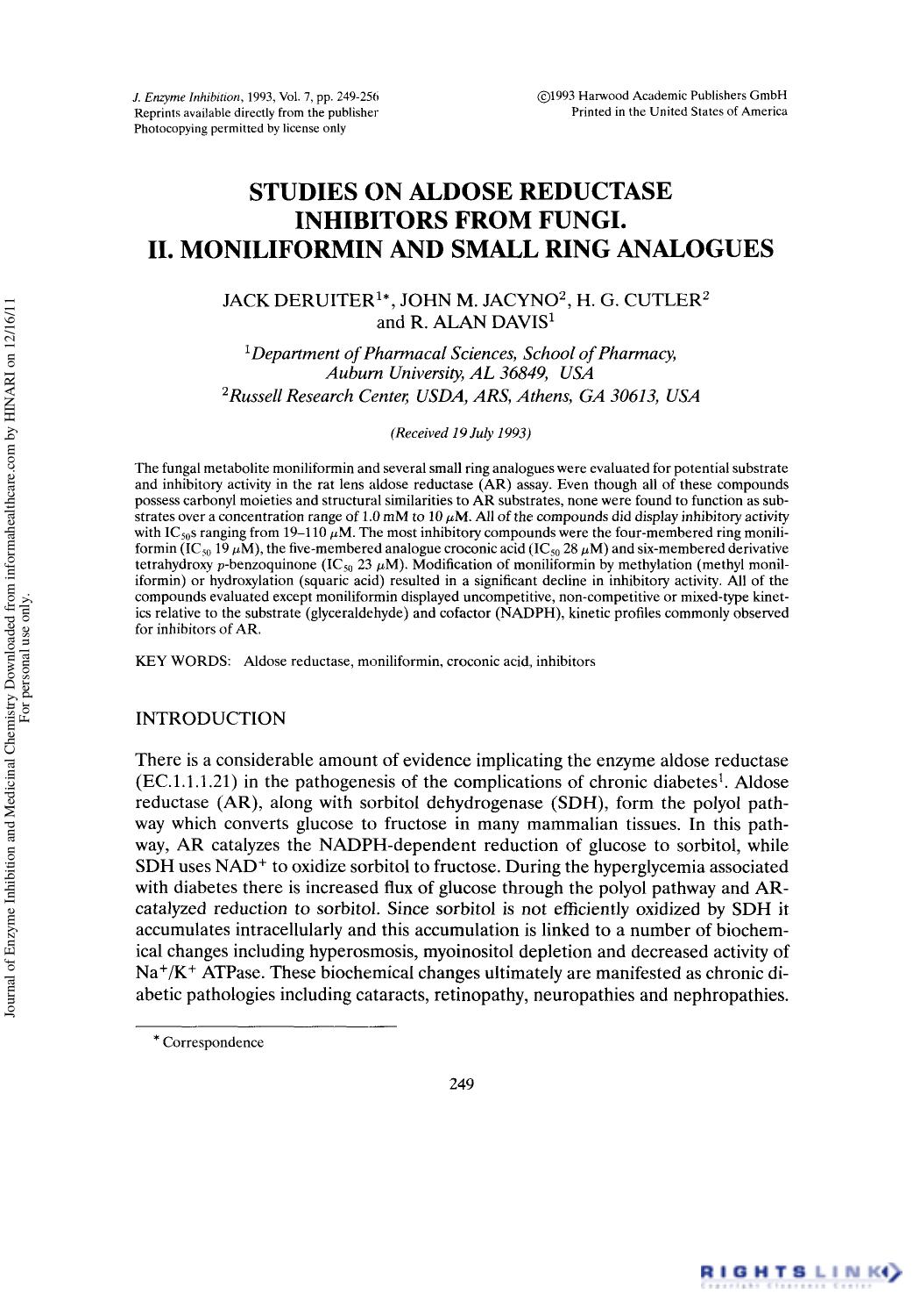 Studies on Aldose Reductase Inhibitors from Fungi. II. Moniliformin and Small Ring Analogues by Jack Deruiter John M. Jacyno H. G. Cutler & R. Alan Davis