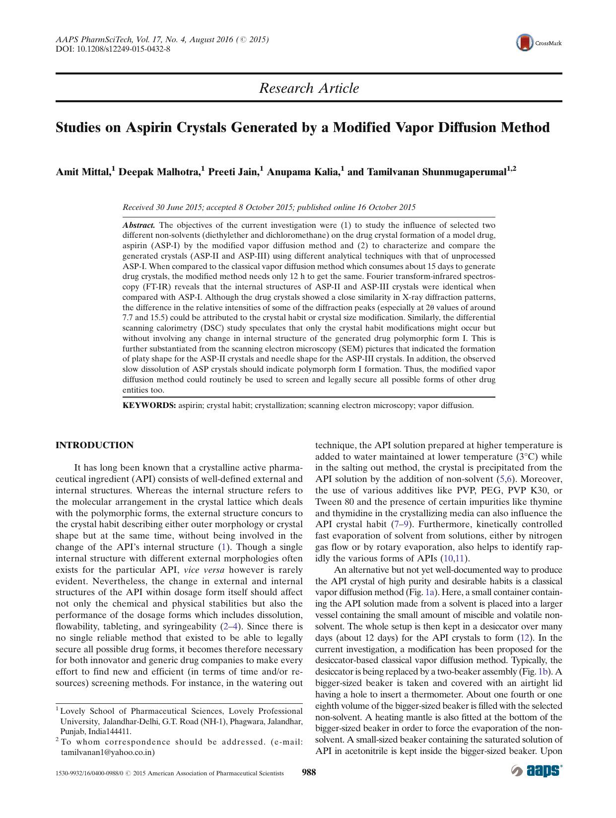 Studies on Aspirin Crystals Generated by a Modified Vapor Diffusion Method by Amit Mittal & Deepak Malhotra & Preeti Jain & Anupama Kalia & Tamilvanan Shunmugaperumal
