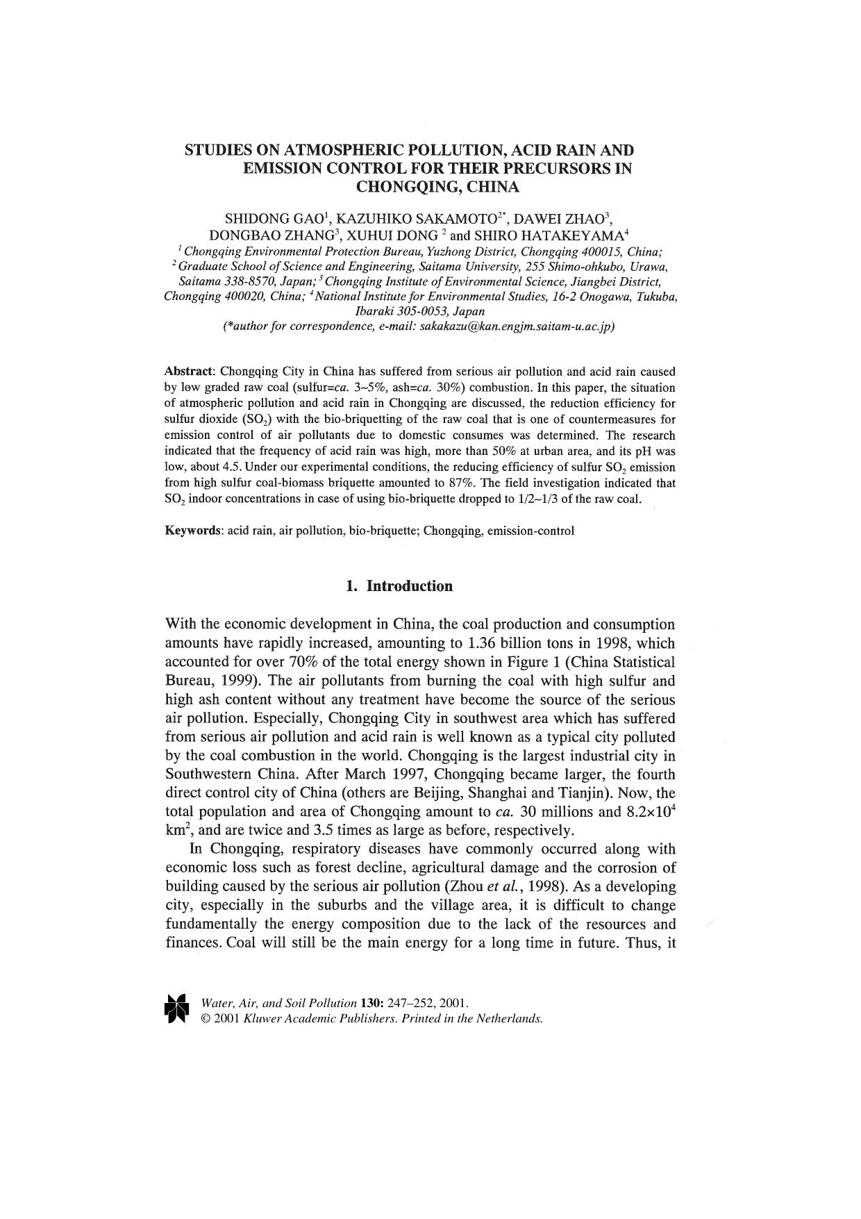 Studies on Atmospheric Pollution, Acid Rain and Emission Control for their Precursors in Chongqing, China by Unknown
