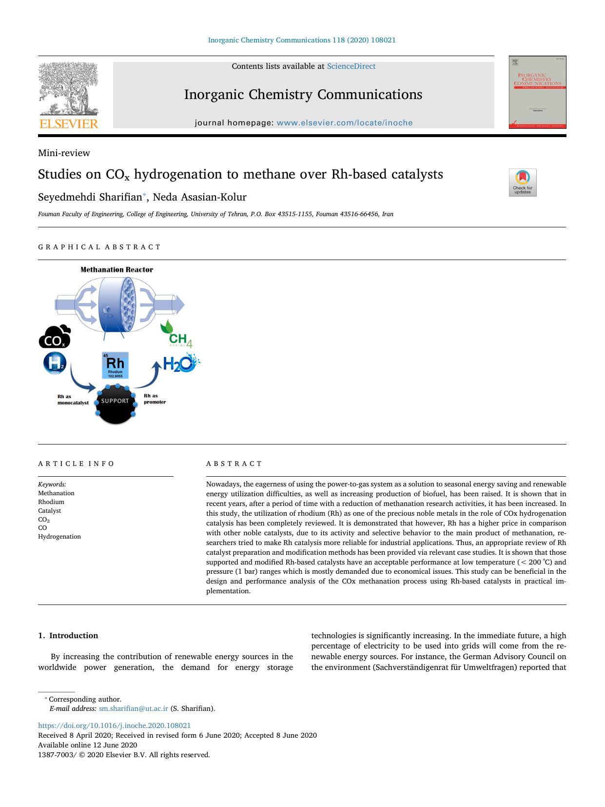 Studies on COx hydrogenation to methane over Rh-based catalysts by Seyedmehdi Sharifian & Neda Asasian-Kolur