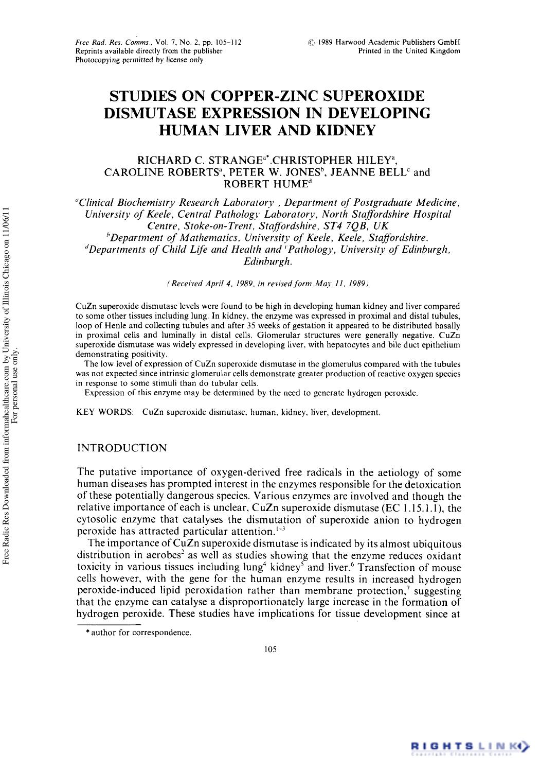 Studies on Copper-Zinc Superoxide Dismutase Expression in Developing Human Liver and Kidney by unknow