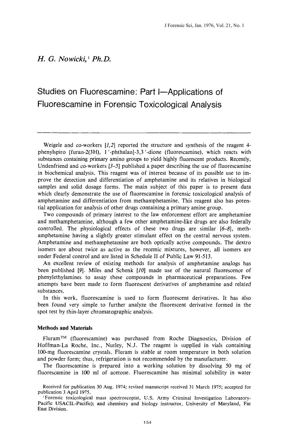 Studies on Fluorescamine: Part IÂApplications of Fluorescamine in Forensic Toxicological Analysis by Nowicki HG