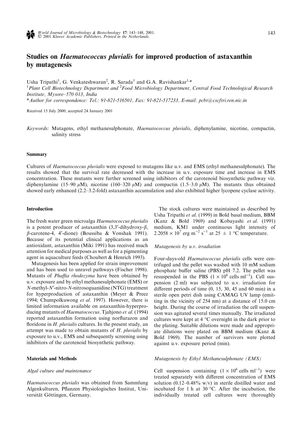 Studies on Haematococcus pluvialis for improved production of astaxanthin by mutagenesis by Unknown