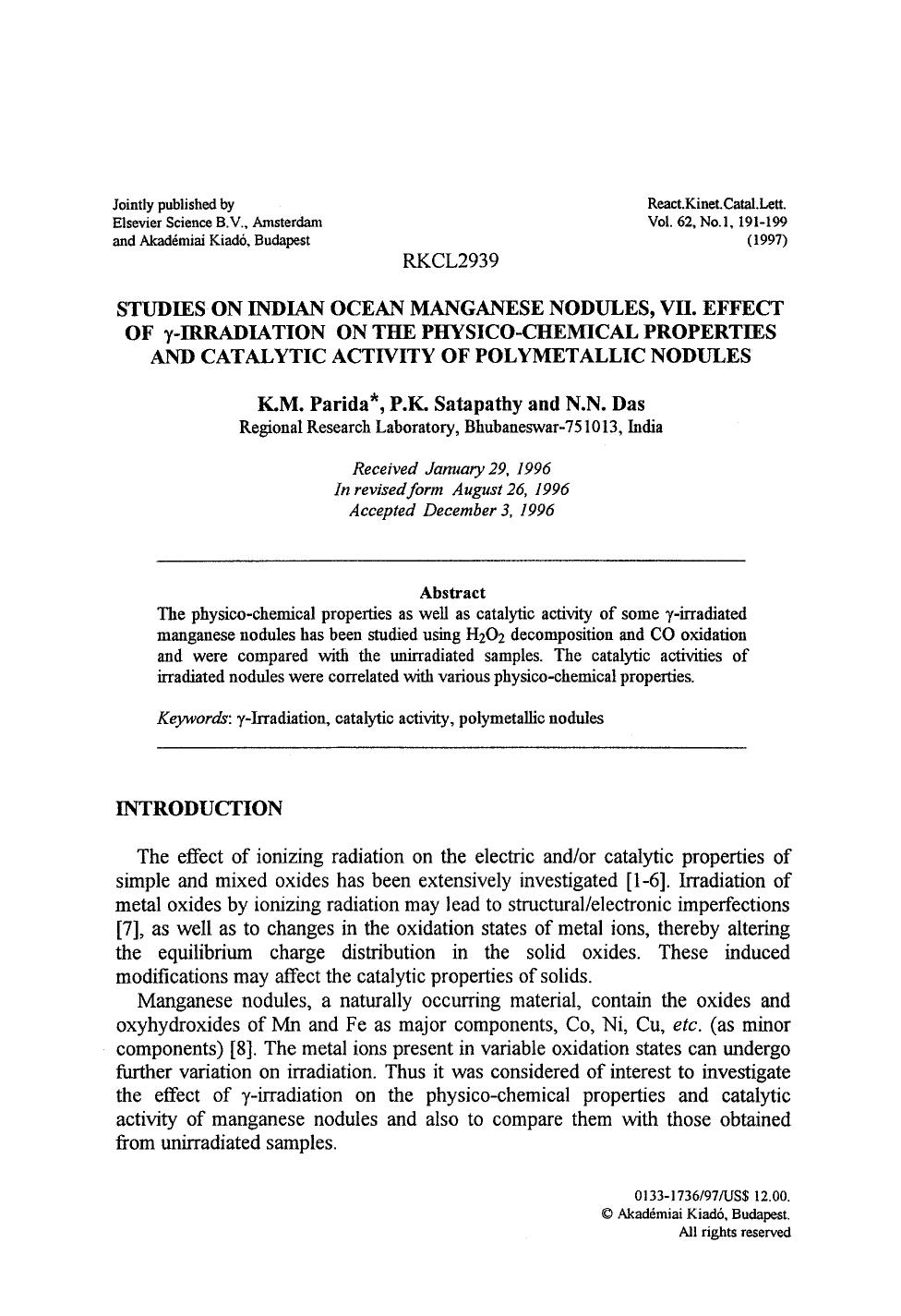 Studies on Idian ocean manganese nodules, VII. Effect of &#x03B3;-irradiation on the physico-chemical properties and catalytic activity of polymetallic nodules by Unknown