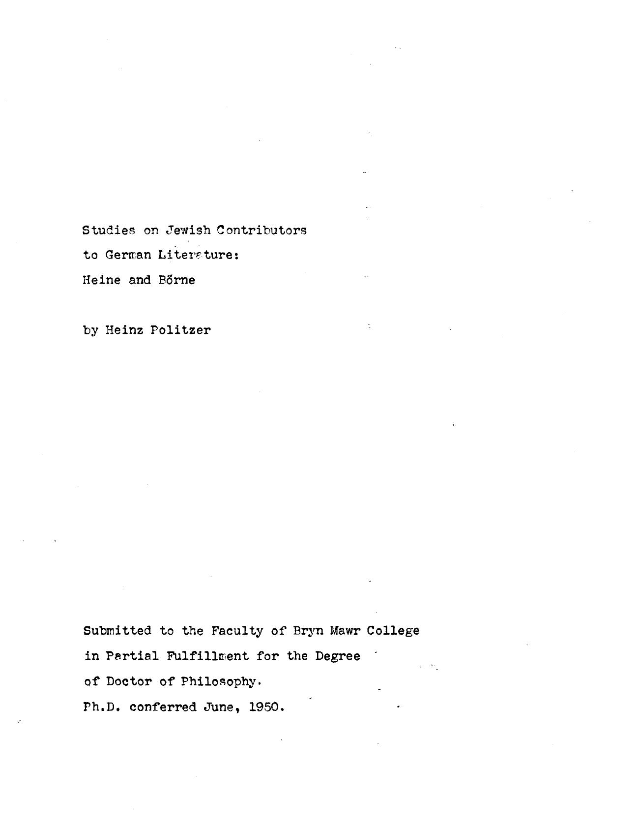 Studies on Jewish Contributors to German Literature: Heine and Boerne by Politzer Heinz