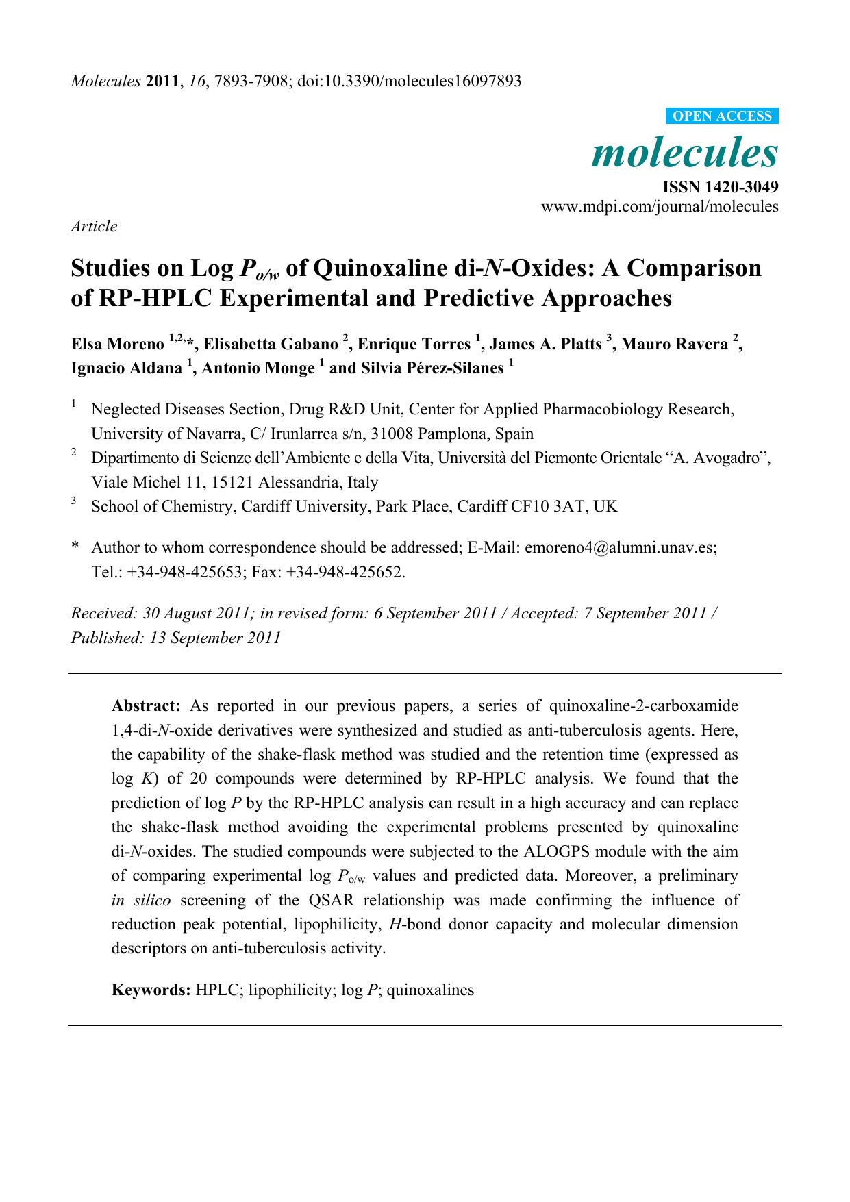 Studies on Log Pow of Quinoxaline di-N-Oxides: A Comparison of RP-HPLC Experimental and Predictive Approaches by unknow