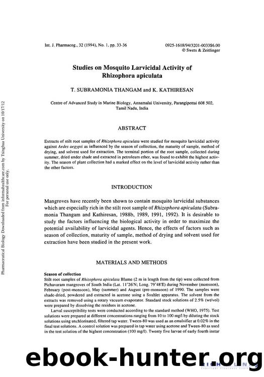 Studies on Mosquito Larvicidal Activity of Rhizophora apiculata by T. Subramonia Thangam & K. Kathiresan