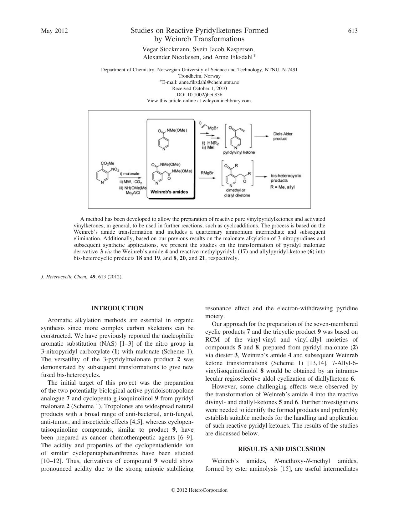 Studies on Reactive Pyridylketones Formed by Weinreb Transformations by Unknown