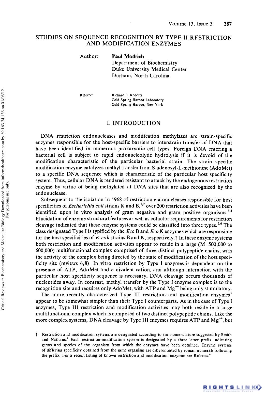 Studies on Sequence Recognition By Type II Restriction and Modification Enzyme by Paul Modrich